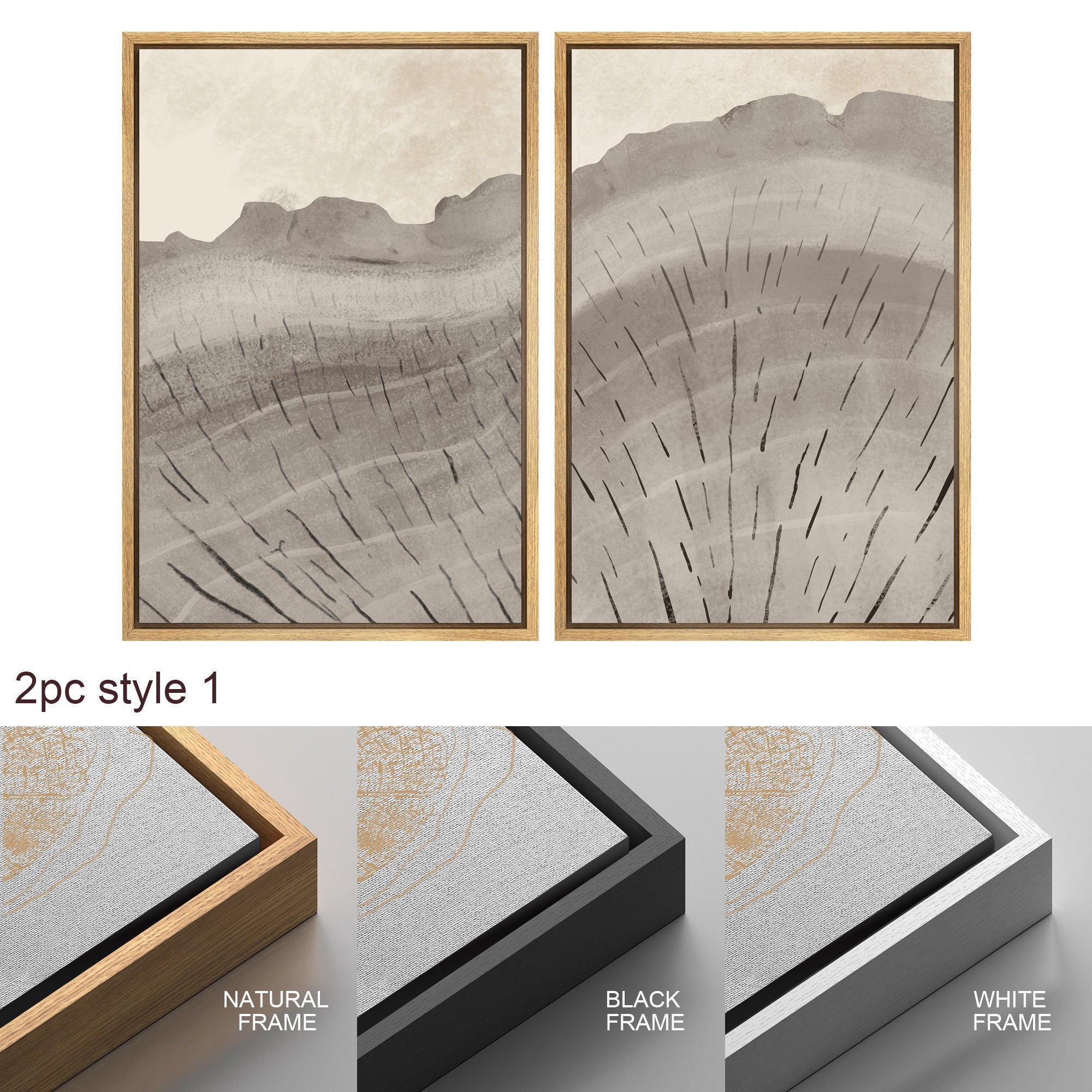 Framed Canvas Print Wall Art Set Oak Wood Tree Rings Illustrations Modern Art Neutral Boho Decor