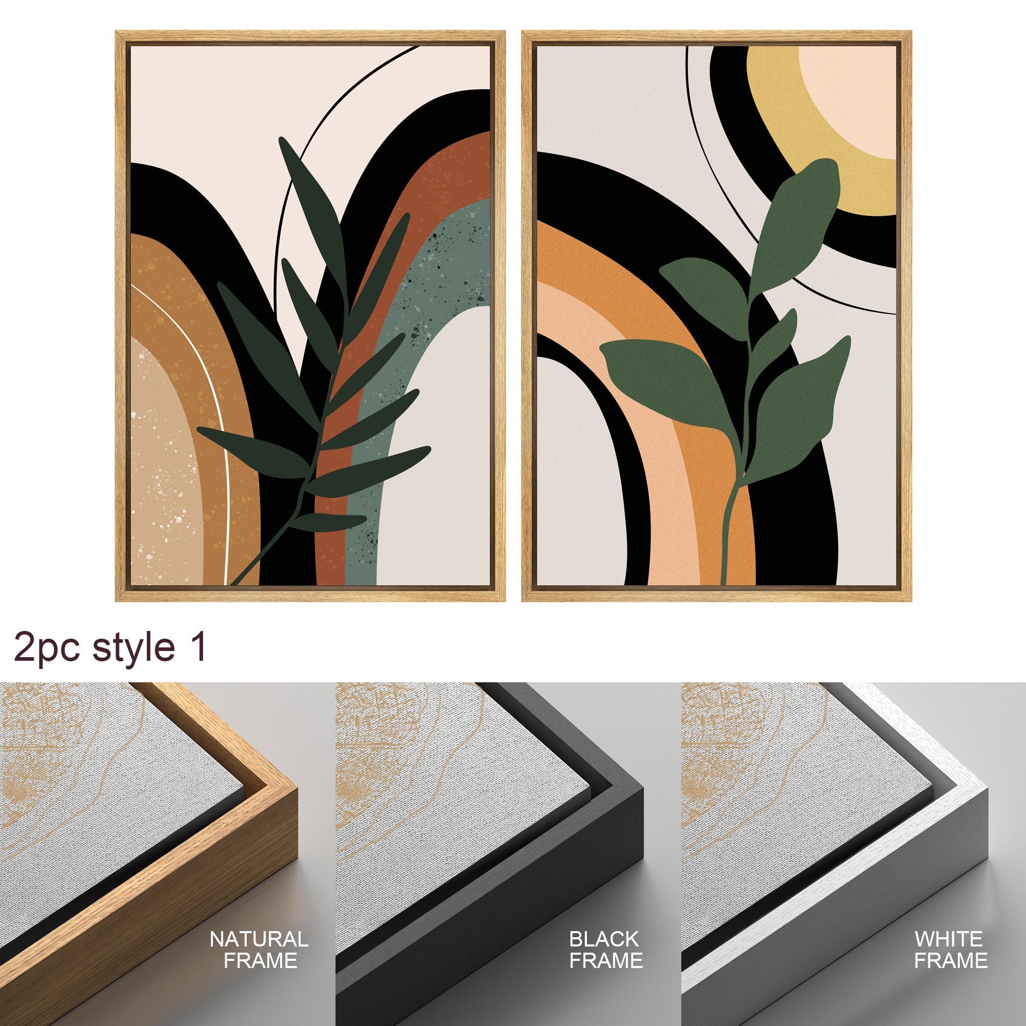 Framed Canvas Print Wall Art Set of 2 Ring Circles Plants Abstract Shapes Illustration Mid Century Modern Wall Art Boho Decor