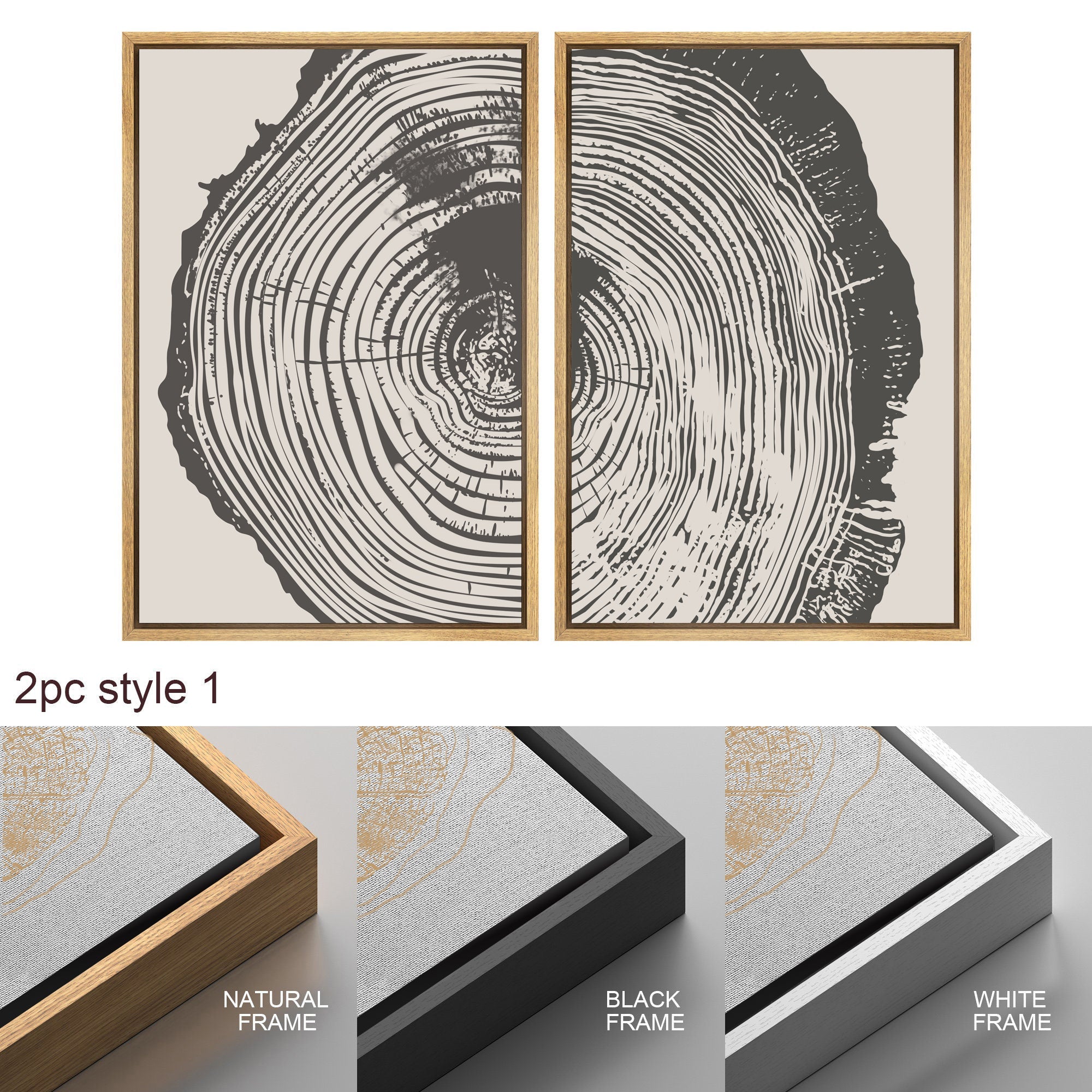 Framed Canvas Wall Art Set Wood Tree Ring Prints Modern Art Minimalist Neutral Decor