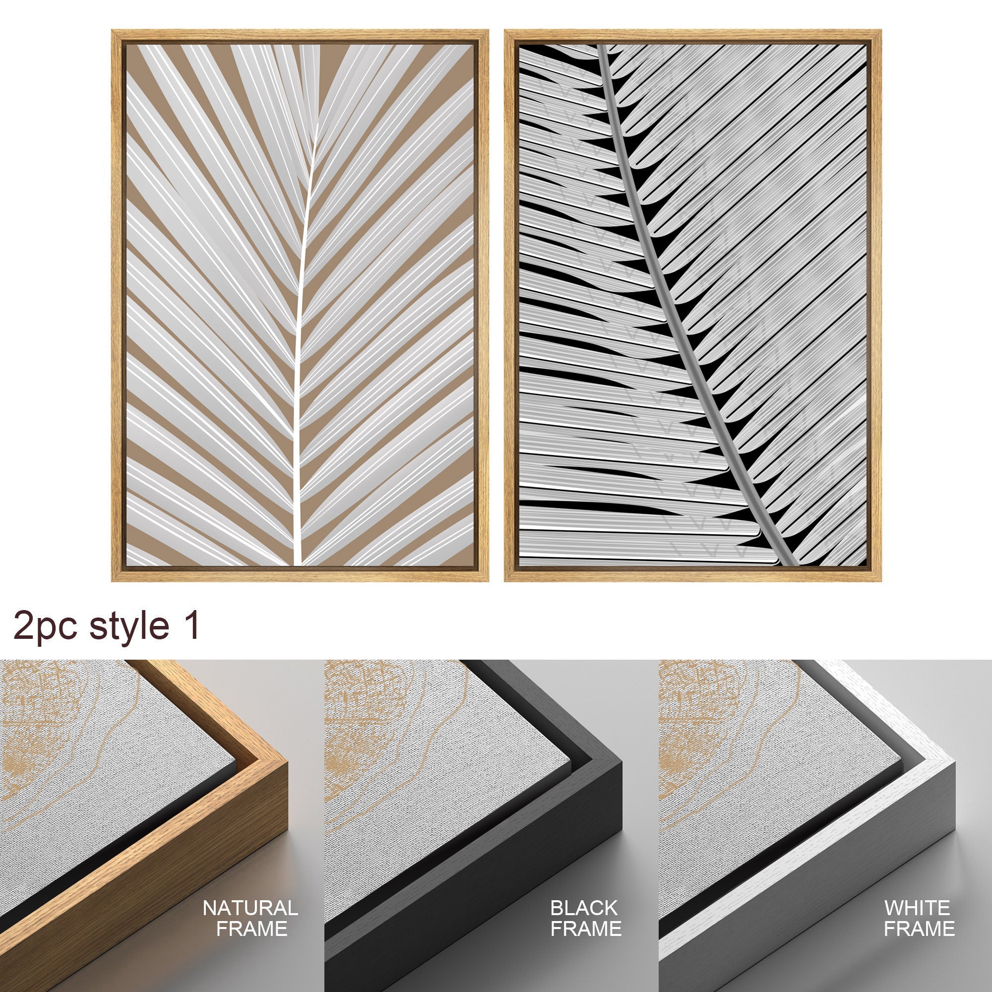 Framed Canvas Print Wall Art Black and White Tropical Palm Leaf Nature Illustrations Modern Art for Living Room