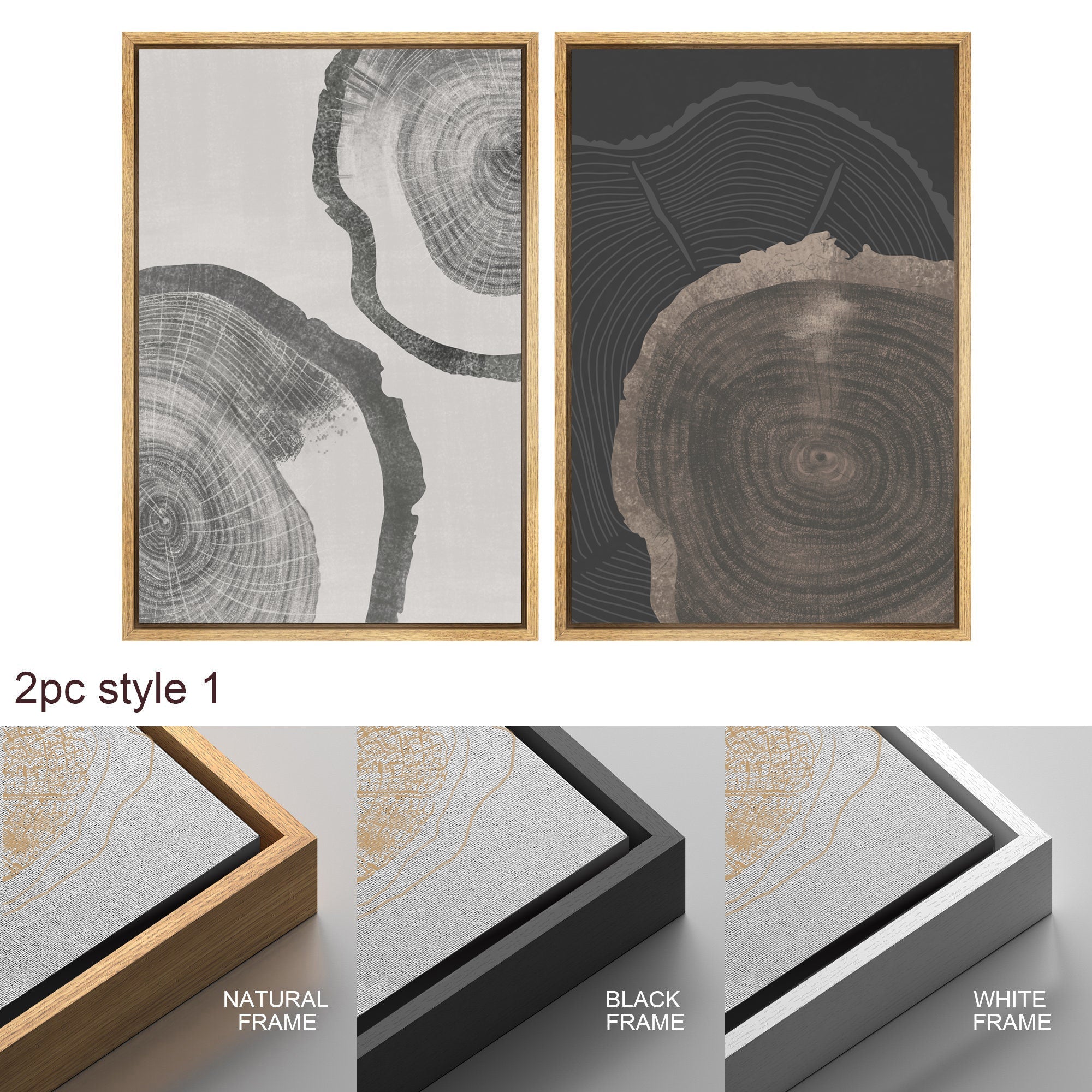 Framed Canvas Print Wall Art Set of 3 Pastel Grunge Wood Tree Rings Abstract Illustrations Minimalist Modern Art Boho Decor