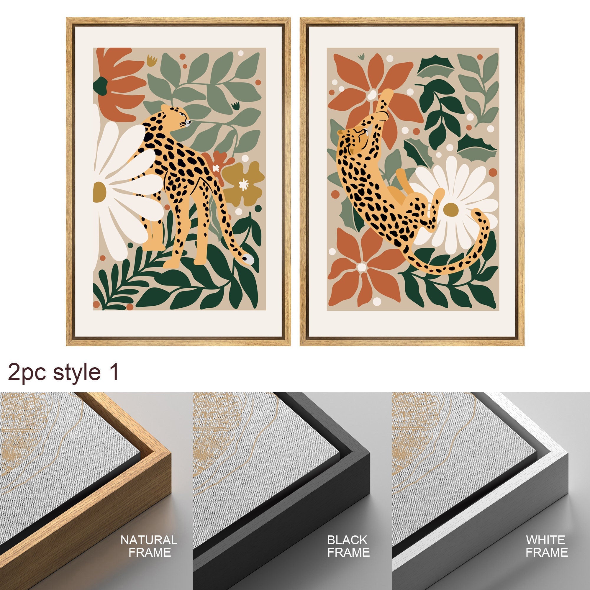 Framed Canvas Wall Art Set of 3 Cheetah Cats Animal Floral Botanical Prints Minimalist Modern Art Boho Decor Preppy Room Decor