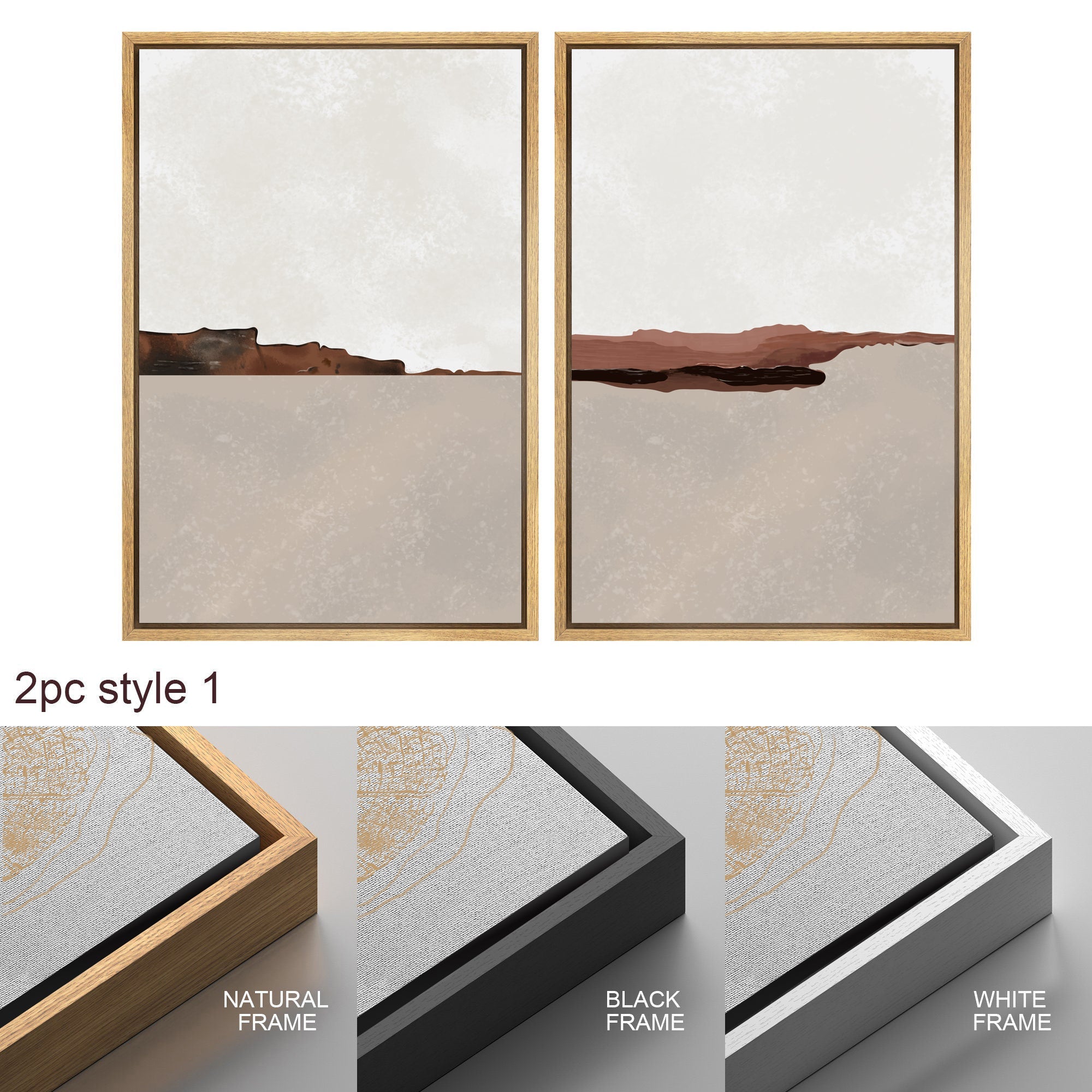Framed Canvas Print Wall Art Set of 2 Brown Pastel Abstract Landscape Illustration Modern Art Minimalist Decor