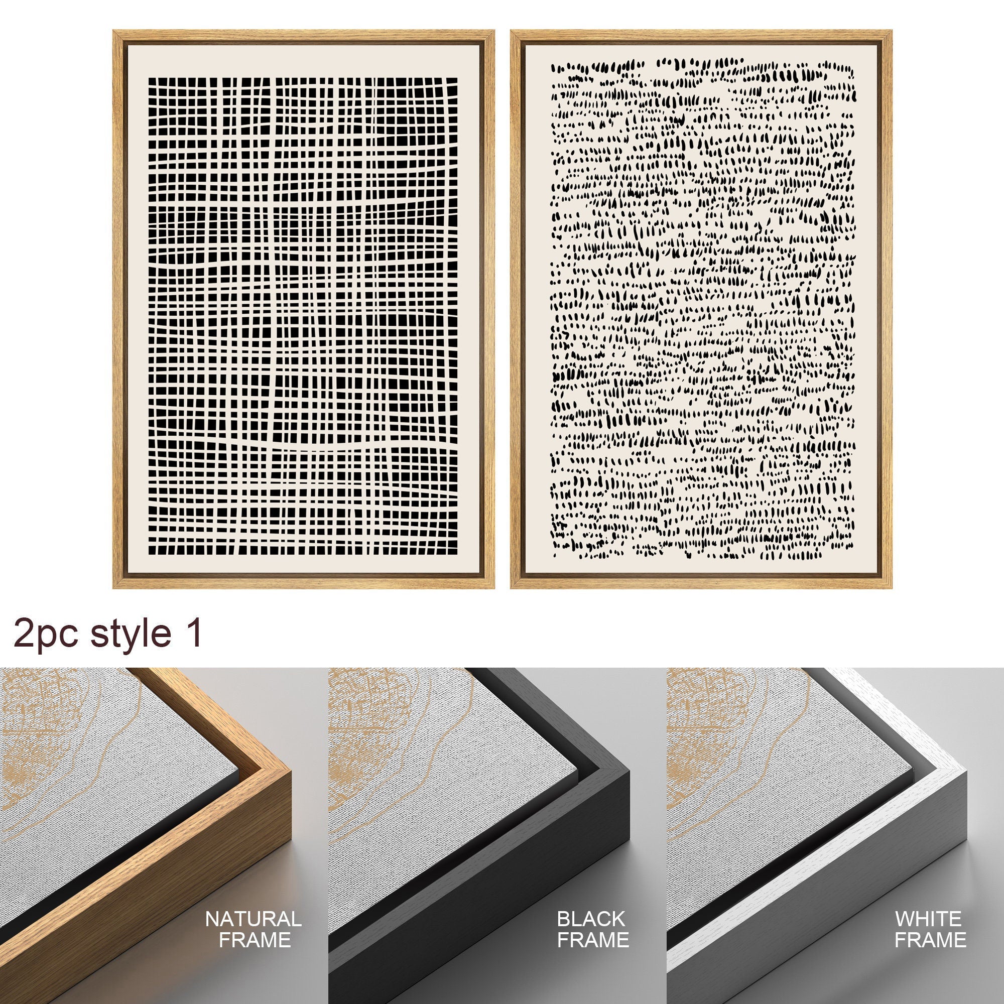Framed Canvas Print Wall Art Set Geometric Black Grid Wave Pattern Abstract Drawings Modern Art Neutral Minimalist Decor