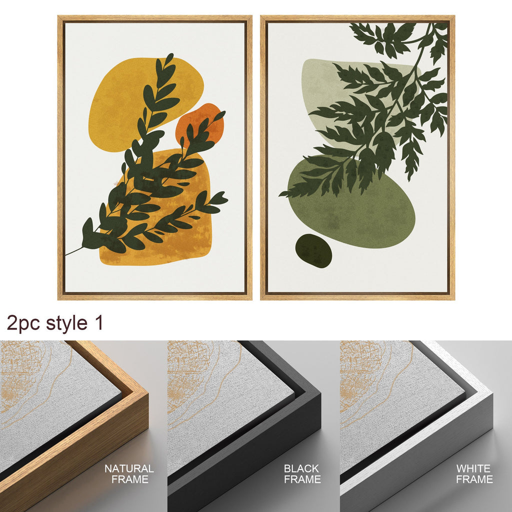Framed Canvas Print Wall Art Set of 2 Fern Leaf Collage Abstract Shapes Illustrations Mid Century Modern Art Boho Decor