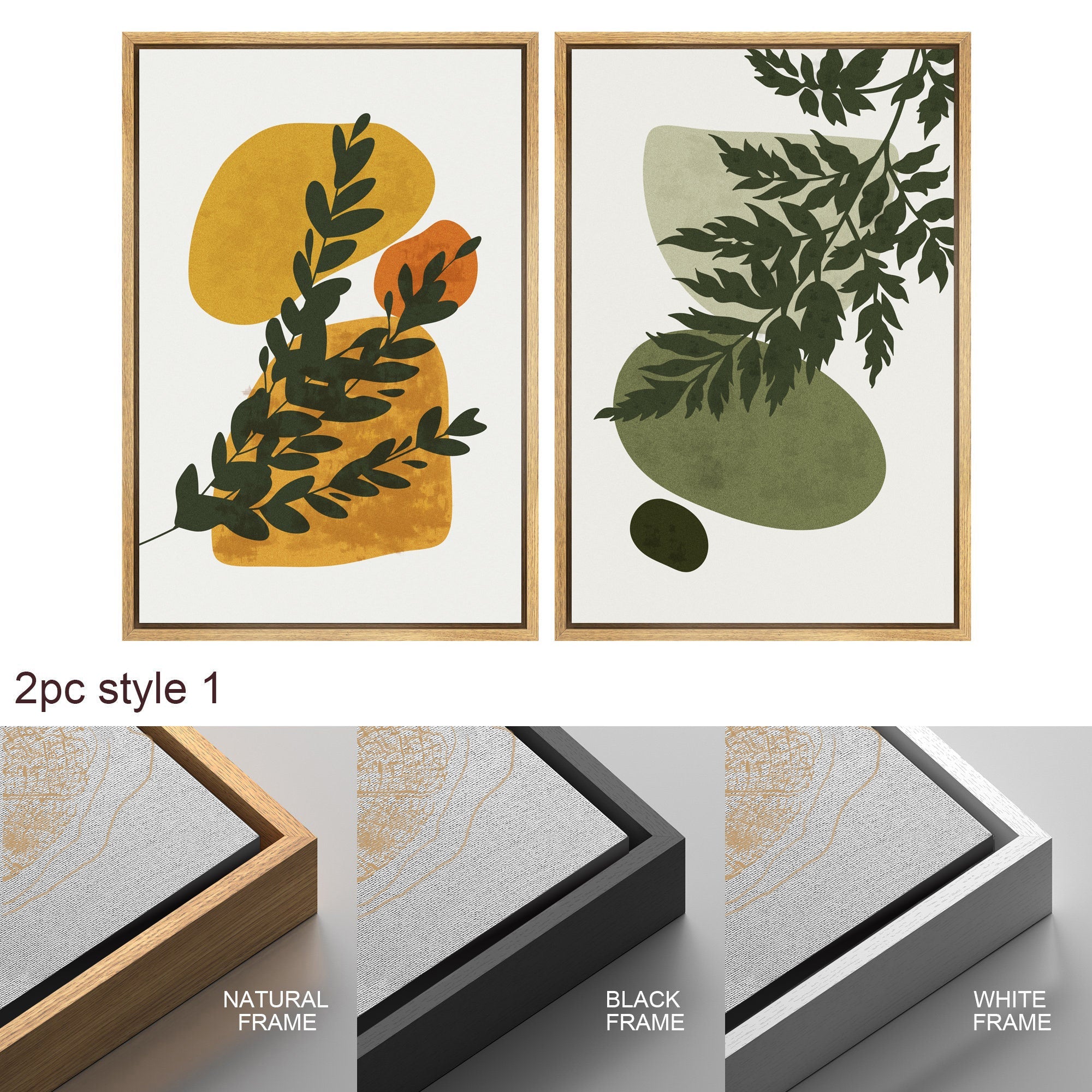 Framed Canvas Print Wall Art Set of 2 Fern Leaf Collage Abstract Shapes Illustrations Mid Century Modern Art Boho Decor