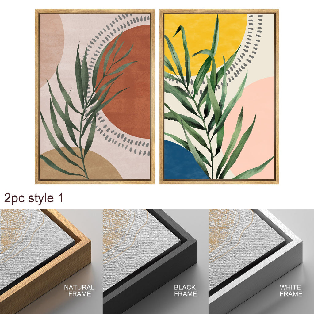 Framed Canvas Print Wall Art Set of 2 Geometric Plants Polygons Abstract Shapes Illustration Mid Century Modern Art Boho Decor