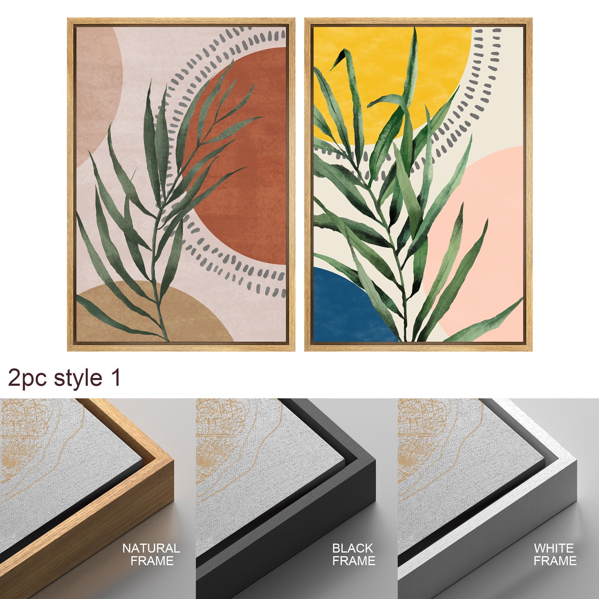 Framed Canvas Print Wall Art Set of 2 Geometric Plants Polygons Abstract Shapes Illustration Mid Century Modern Art Boho Decor
