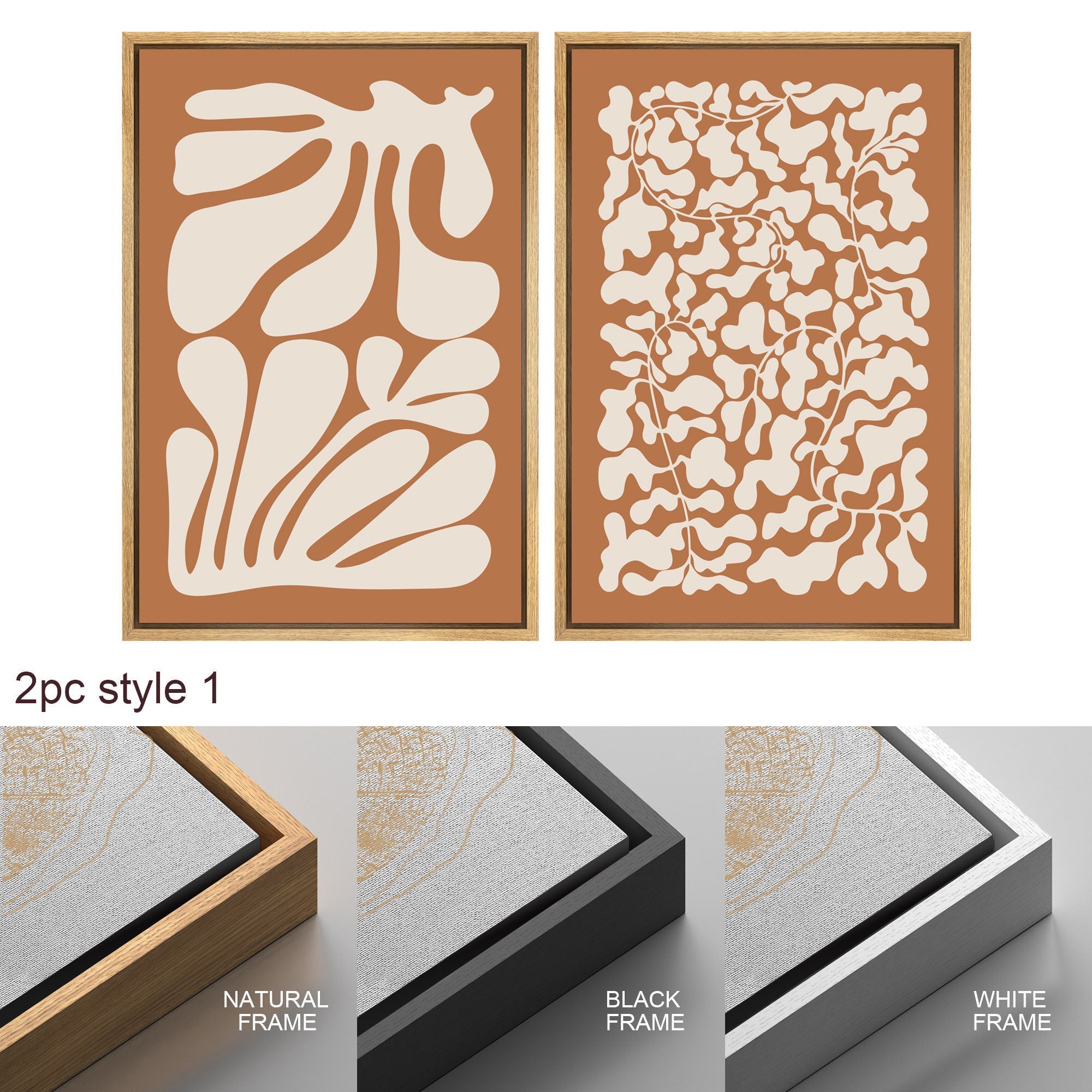 Framed Canvas Print Wall Art Set Orange Abstract Floral Botanical Illustrations Modern Art Minimalist Boho Decor