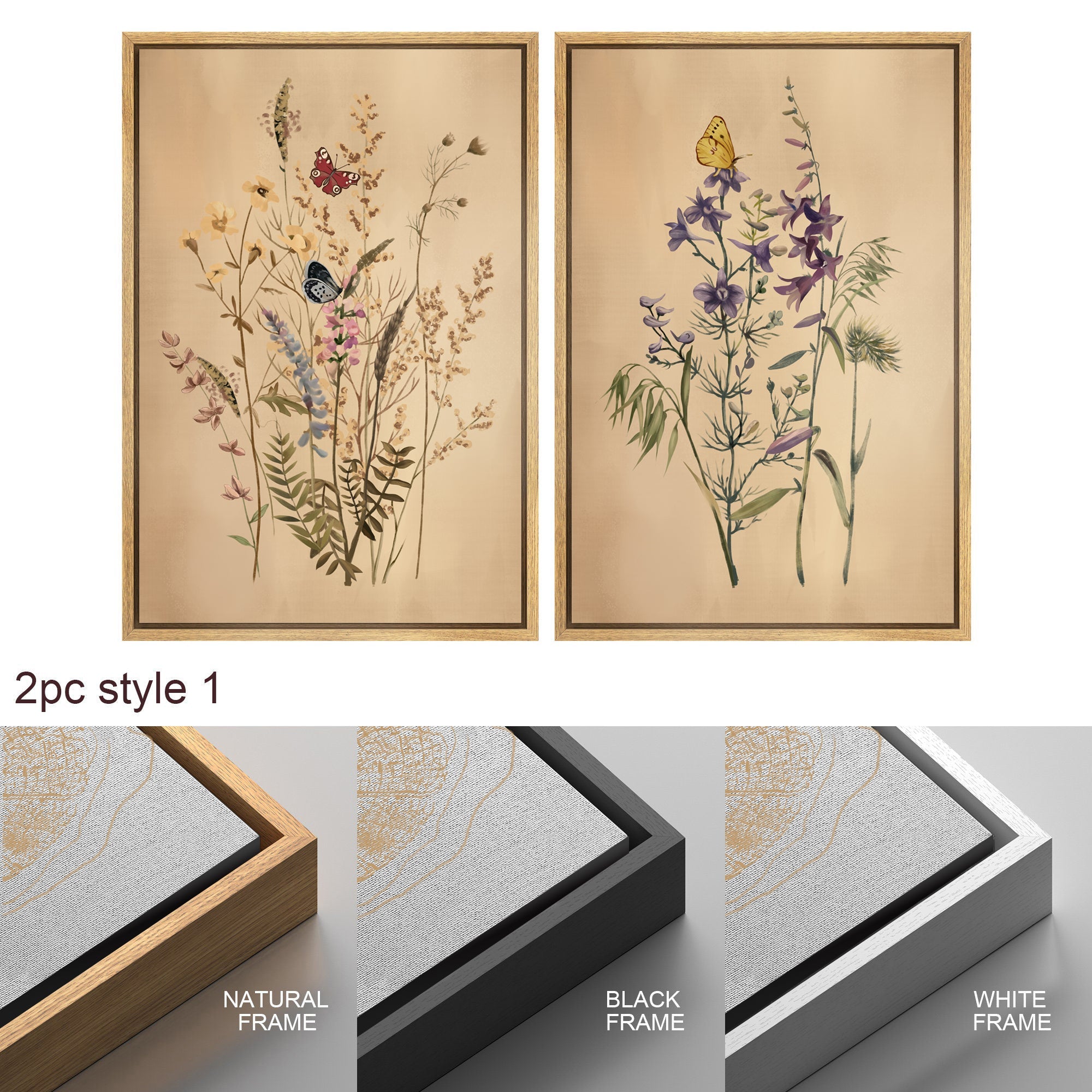 Framed Canvas Print Wall Art Set of 3 Wildflower Floral Botanical Illustrations Minimalist Art Neutral Modern Farmhouse Decor