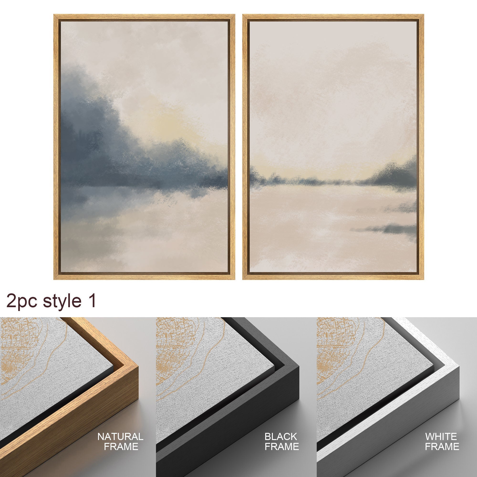 Framed Canvas Print Wall Art Set of 2 Pastel Gray Tan Abstract Landscape Modern Art Neutral Minimalist Decor