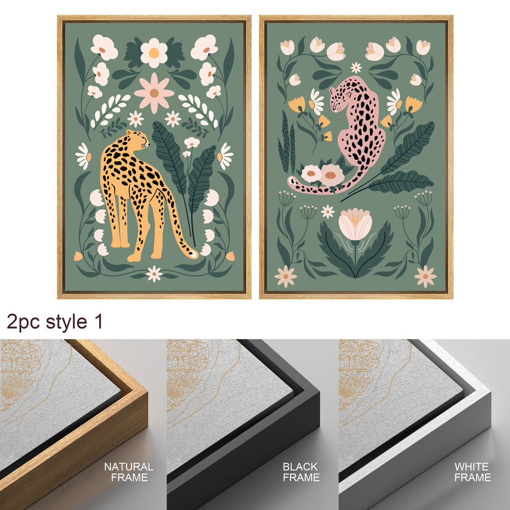 Framed Canvas Print Wall Art Set Cartoon Tiger Plant Bohemian Art Room Decoration Painting