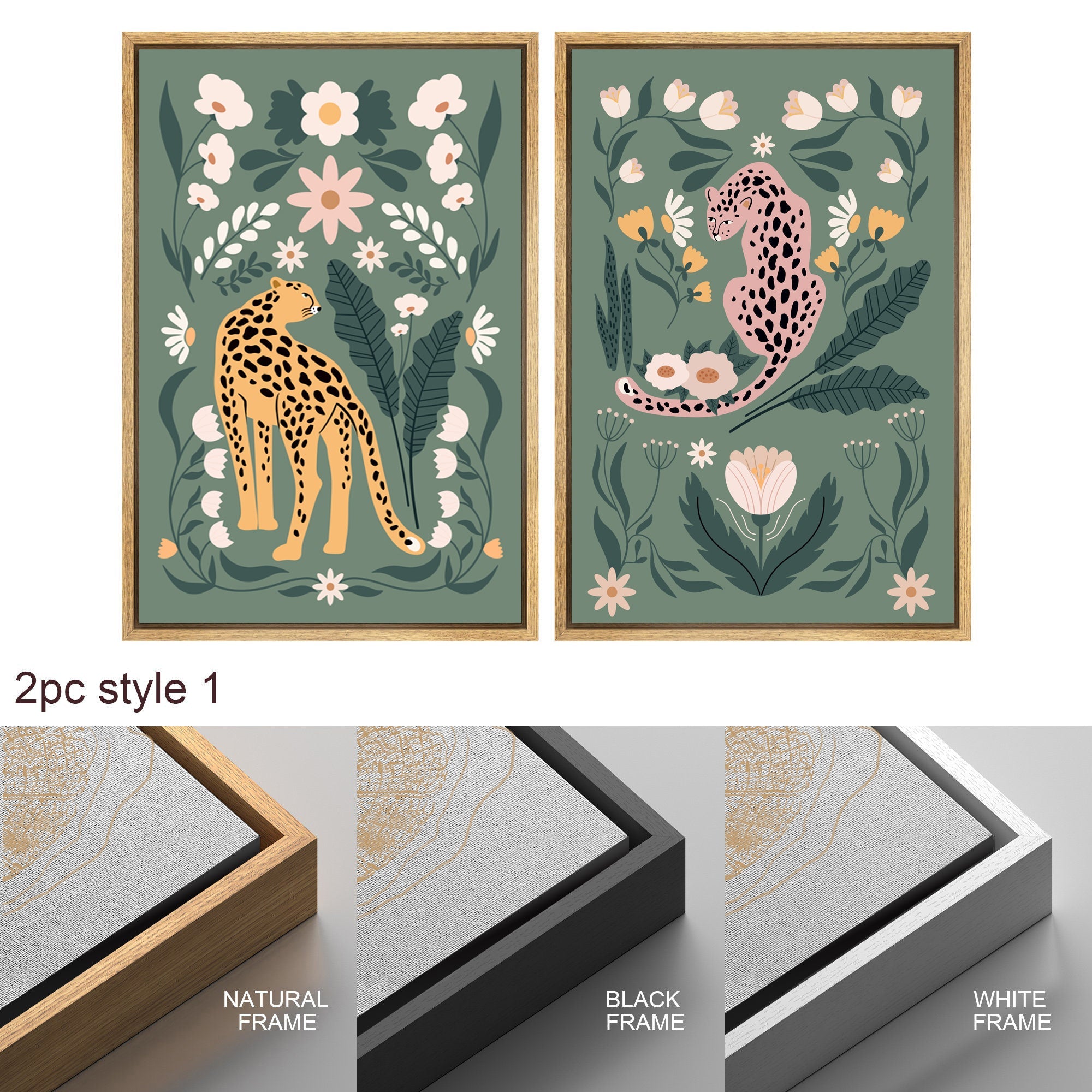 Framed Canvas Print Wall Art Set Cartoon Tiger Plant Bohemian Art Room Decoration Painting