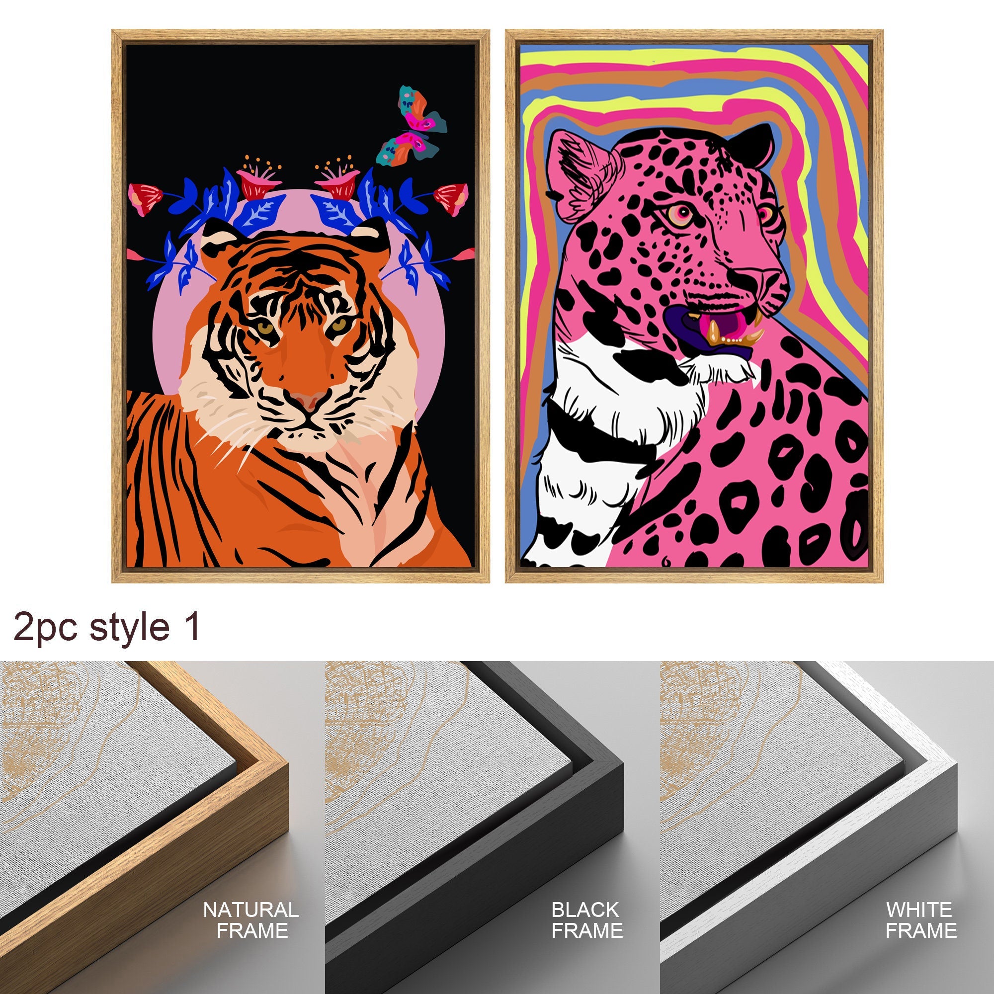 Framed Canvas Print Wall Art Set Cheetah Cats Animal Modern Boho Art Preppy Room Decor