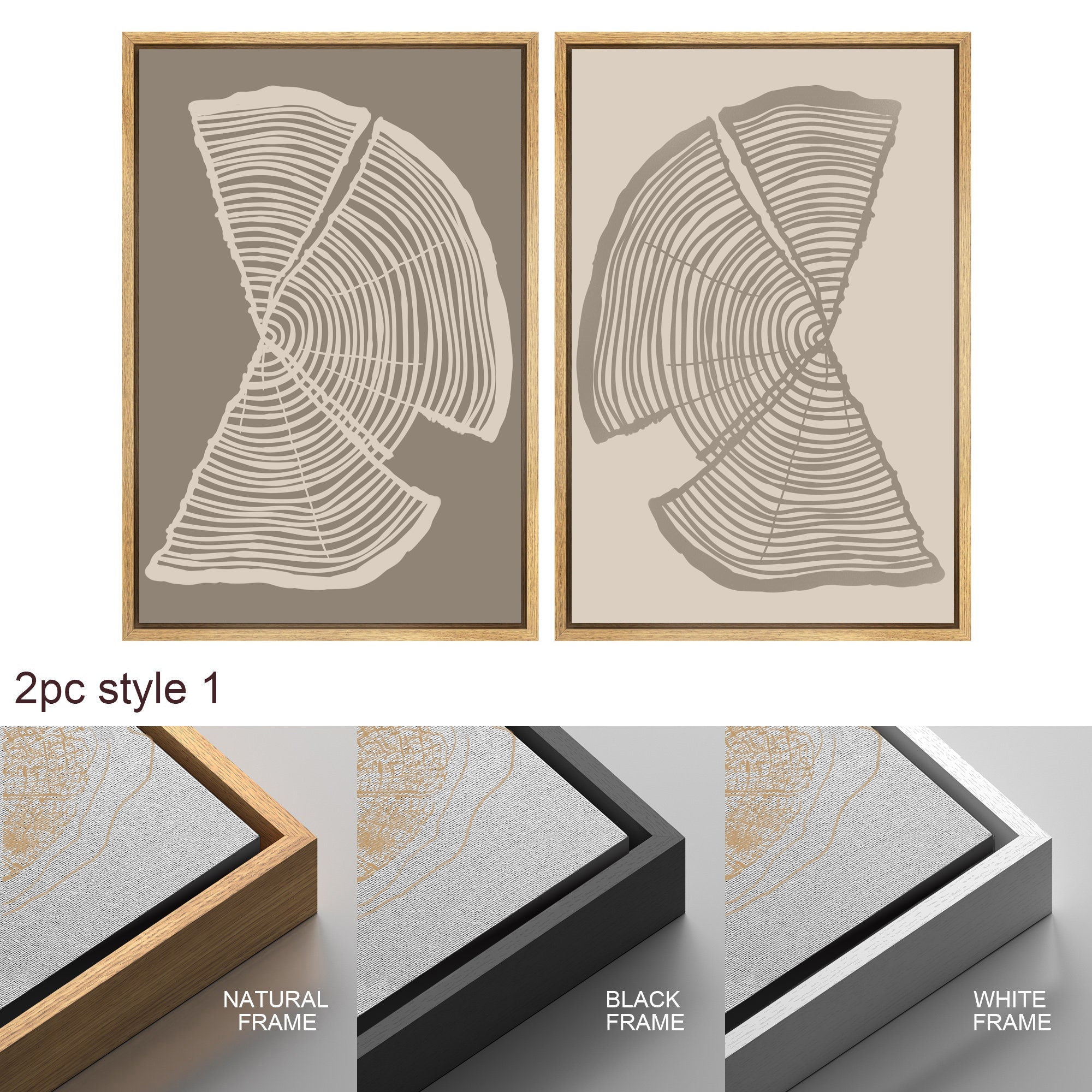 Framed Canvas Print Wall Art Set of 2 Pastel Beige Wood Tree Rings Abstract Illustrations Minimalist Modern Art Boho Decor