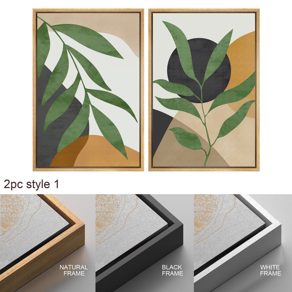 Framed Canvas Print Wall Art Set of 2 Plant Polygon Abstract Shapes Illustrations Mid Century Modern Art Boho Decor