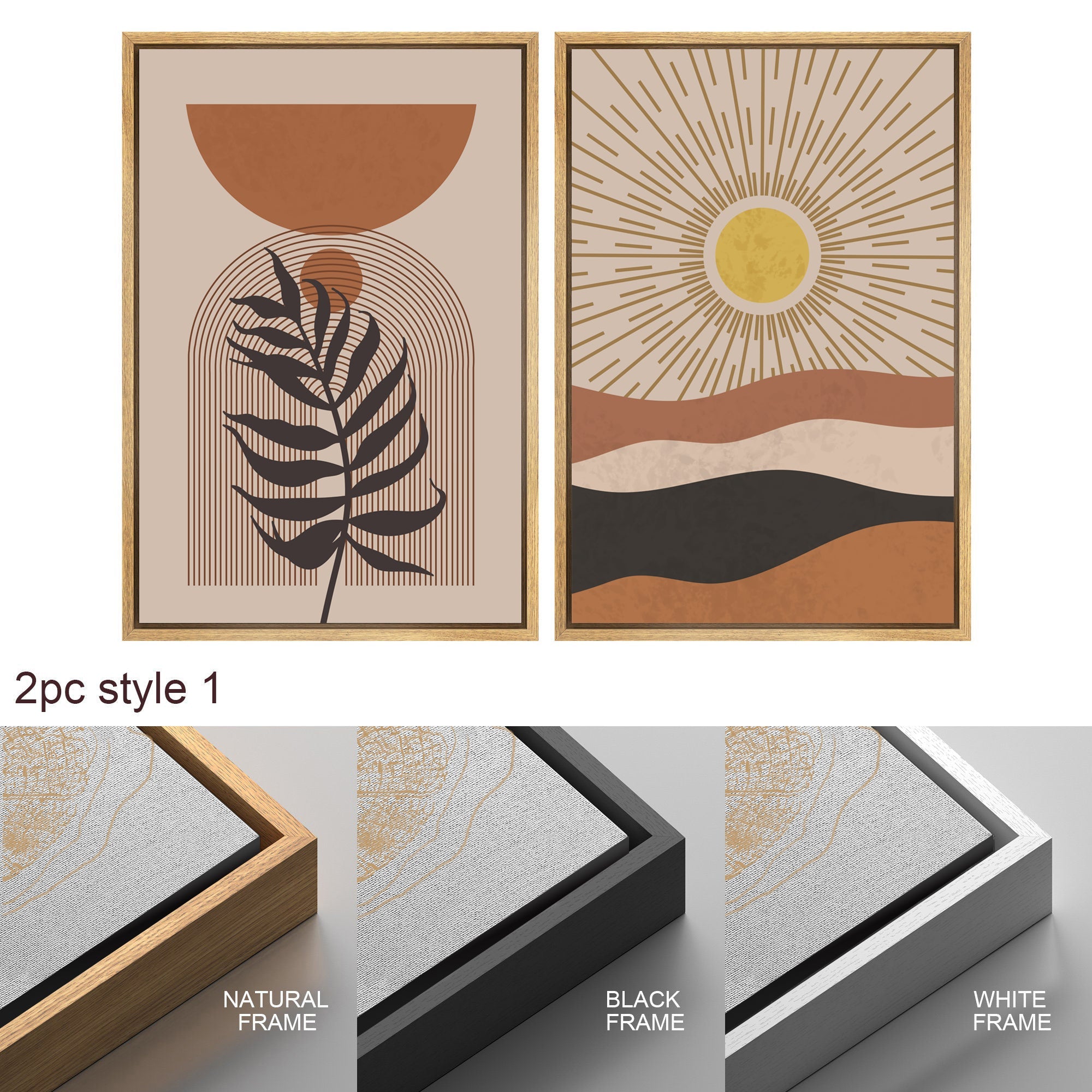 Framed Canvas Print Wall Art Set of 3 Desert Dune Jungle Palm Leaf Abstract Nature Illustration Mid Century Modern Art Boho Decor