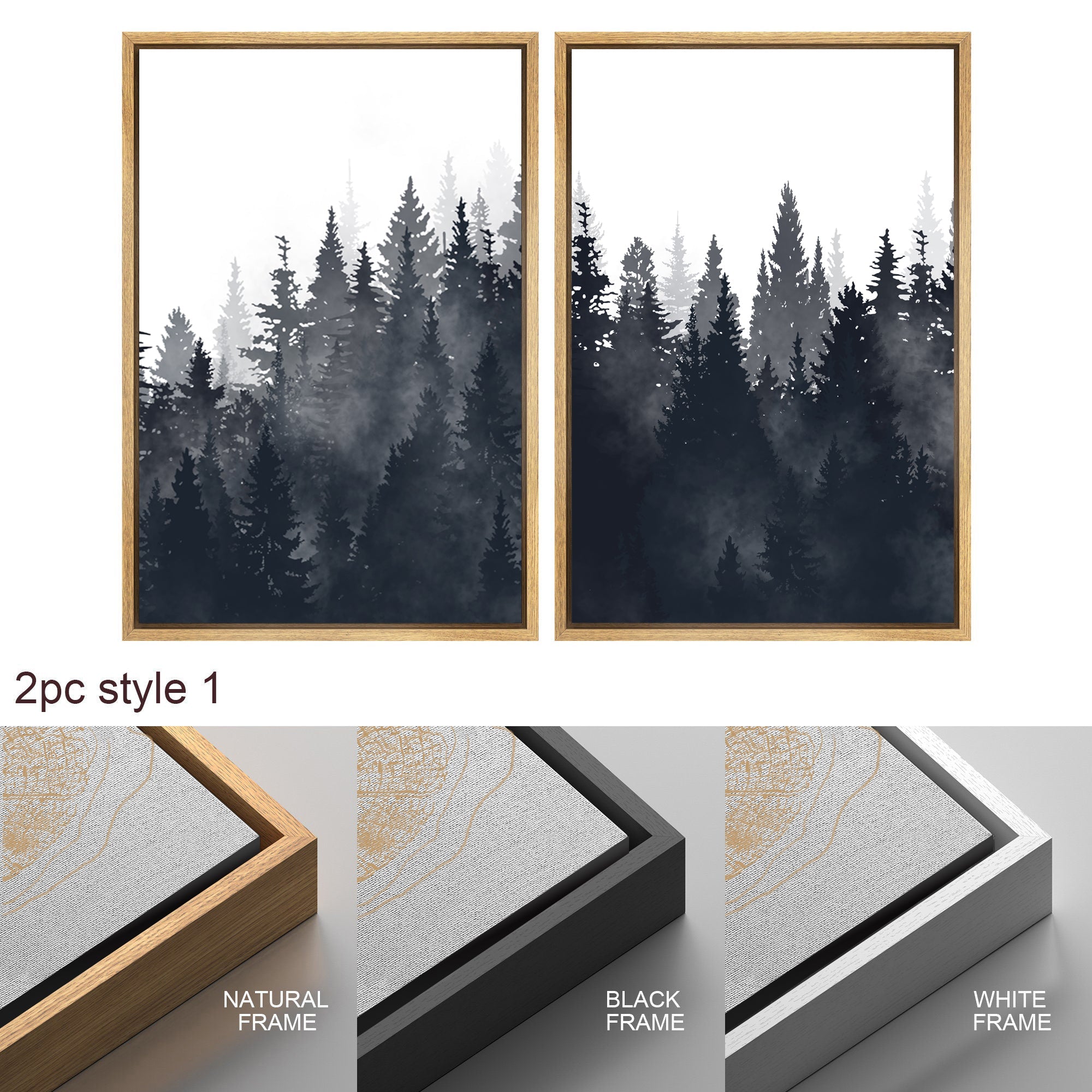 Framed Canvas Wall Art Set of 3 Misty Forest Mountain Landscape Print Modern Art Nature Wall Decor