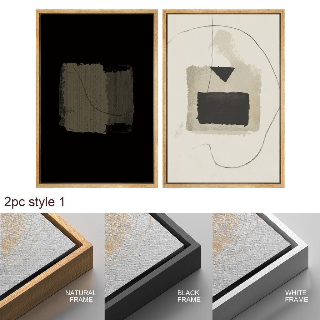 Framed Canvas Wall Art Set of 2 Black and White Grunge Abstract Print Minimalist Modern Wall Art Neutral Decor