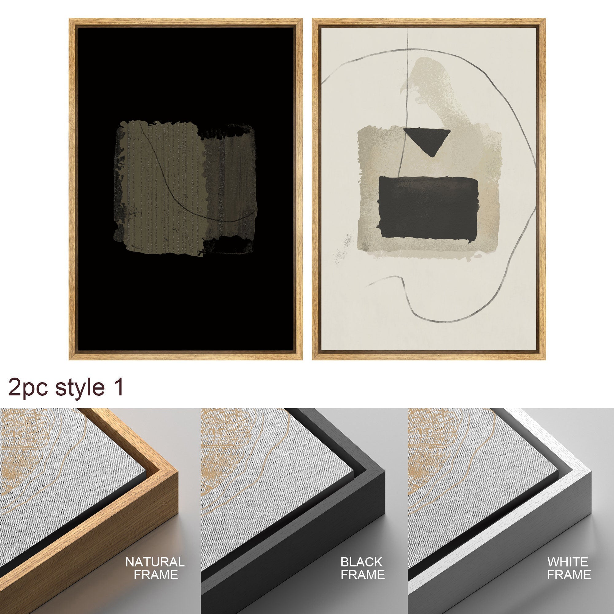 Framed Canvas Wall Art Set of 2 Black and White Grunge Abstract Print Minimalist Modern Wall Art Neutral Decor