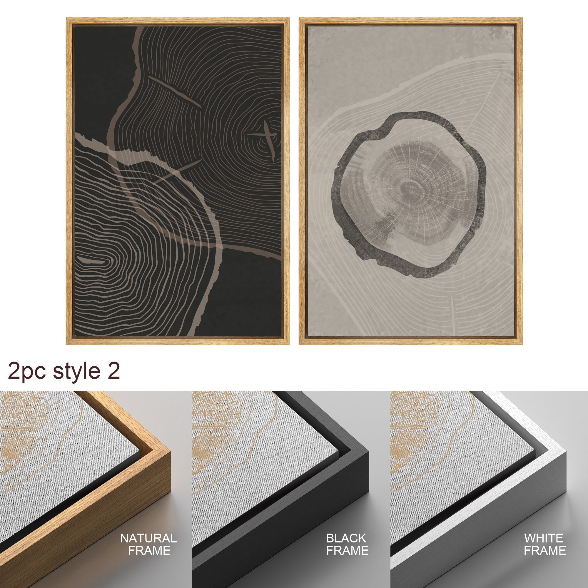 Framed Canvas Print Wall Art Set of 3 Pastel Grunge Wood Tree Rings Abstract Illustrations Minimalist Modern Art Boho Decor