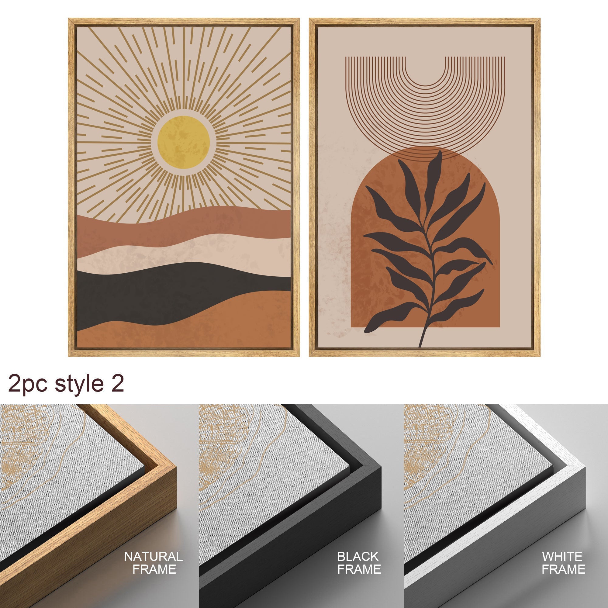 Framed Canvas Print Wall Art Set of 3 Desert Dune Jungle Palm Leaf Abstract Nature Illustration Mid Century Modern Art Boho Decor