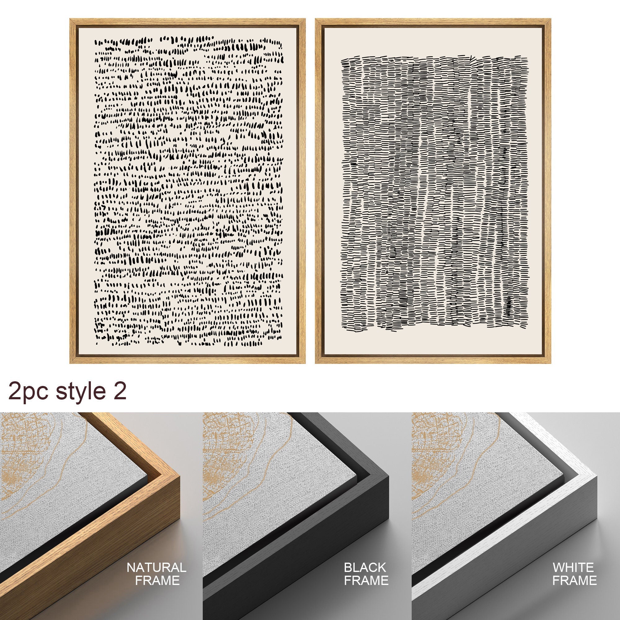 Framed Canvas Print Wall Art Set Geometric Black Grid Wave Pattern Abstract Drawings Modern Art Neutral Minimalist Decor