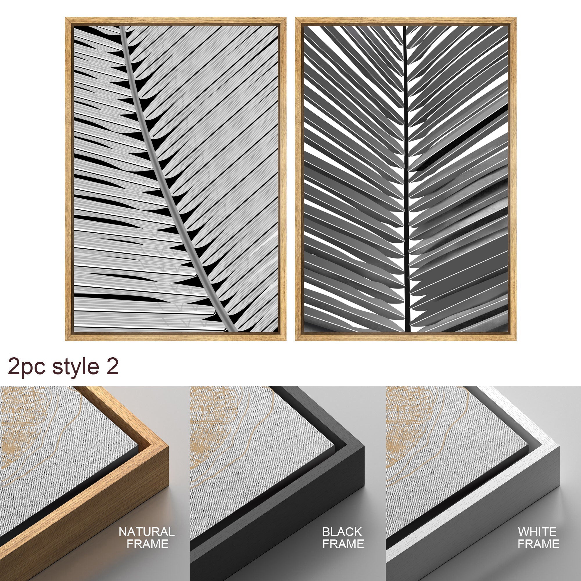 Framed Canvas Print Wall Art Black and White Tropical Palm Leaf Nature Illustrations Modern Art for Living Room