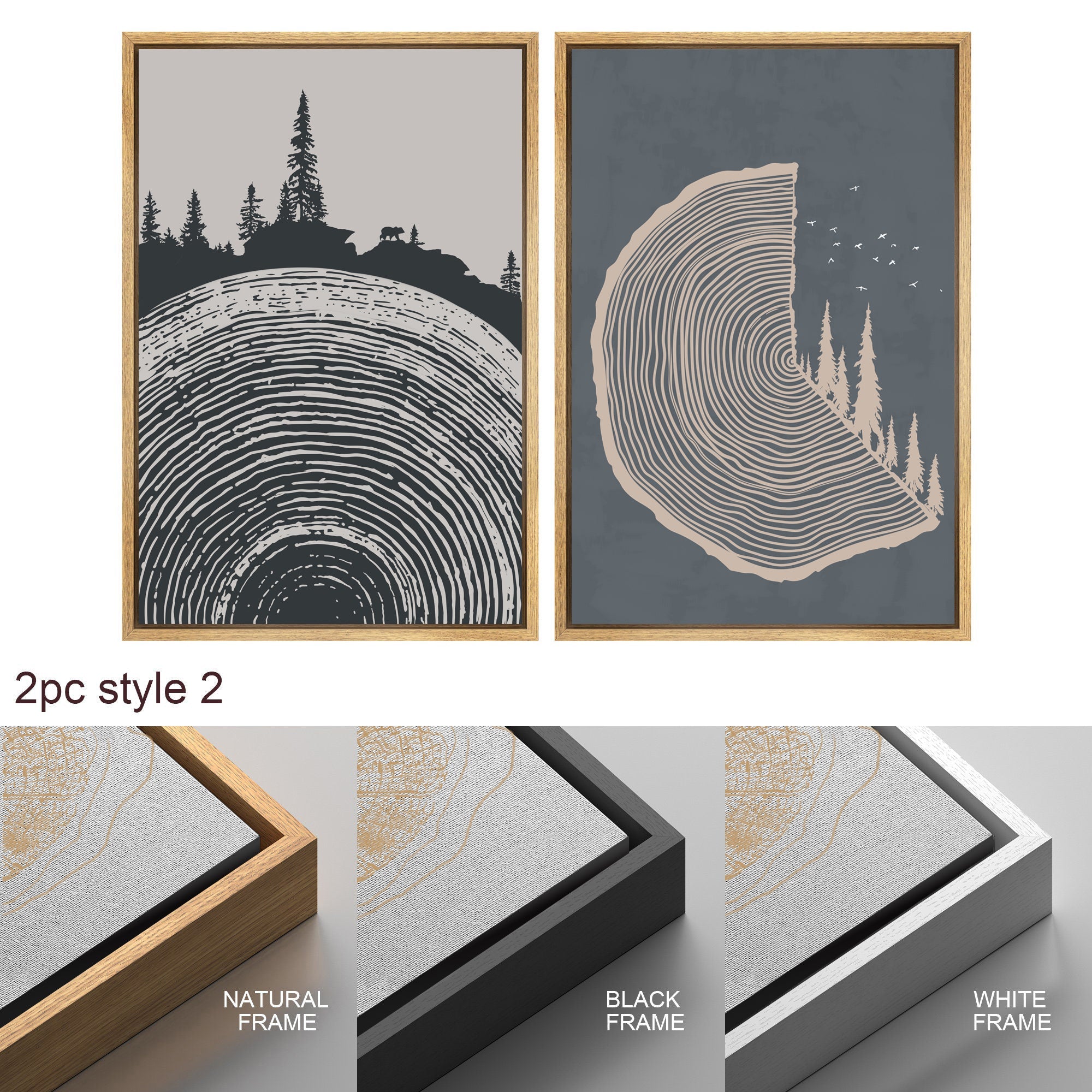 Framed Canvas Print Wall Art Set of 3 Pastel Grunge Forest Tree Rings Abstract Illustrations Minimalist Modern Art Boho Decor