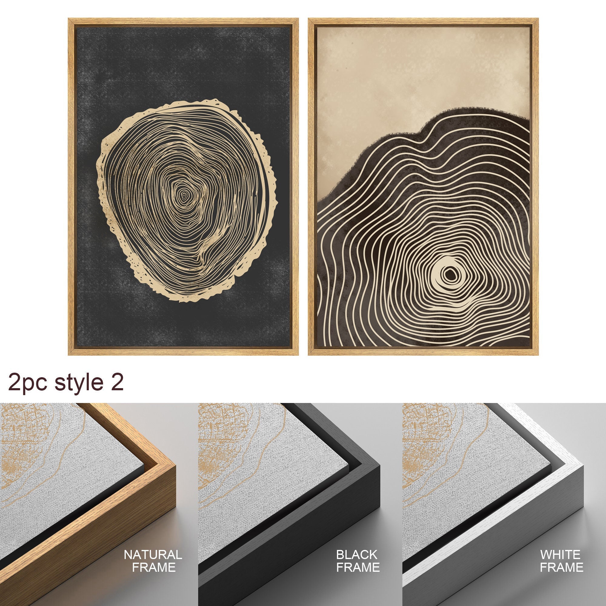 Framed Canvas Print Wall Art Set of 3 Pastel Grunge Wood Tree Rings Abstract Illustrations Minimalist Modern Art Boho Decor