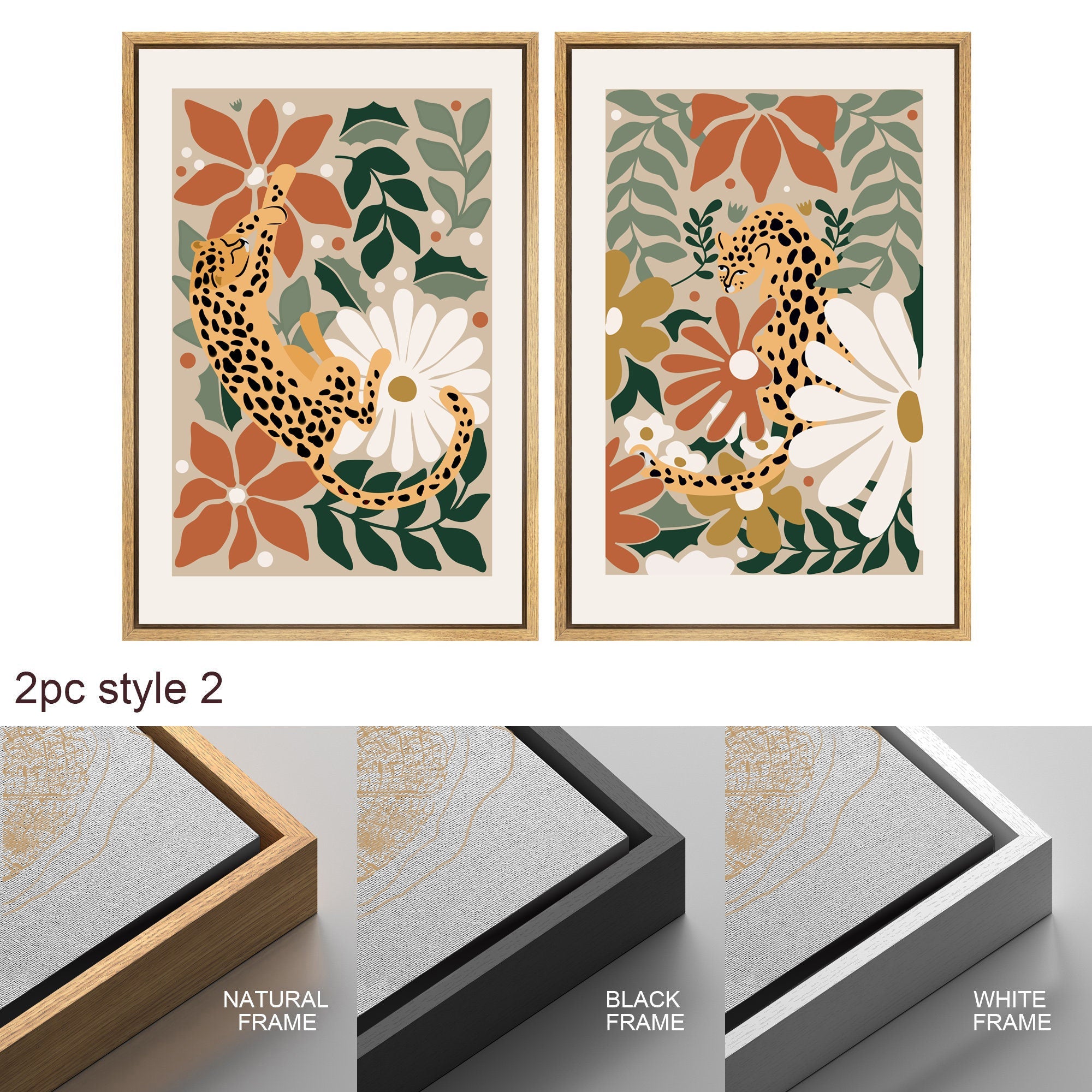 Framed Canvas Wall Art Set of 3 Cheetah Cats Animal Floral Botanical Prints Minimalist Modern Art Boho Decor Preppy Room Decor
