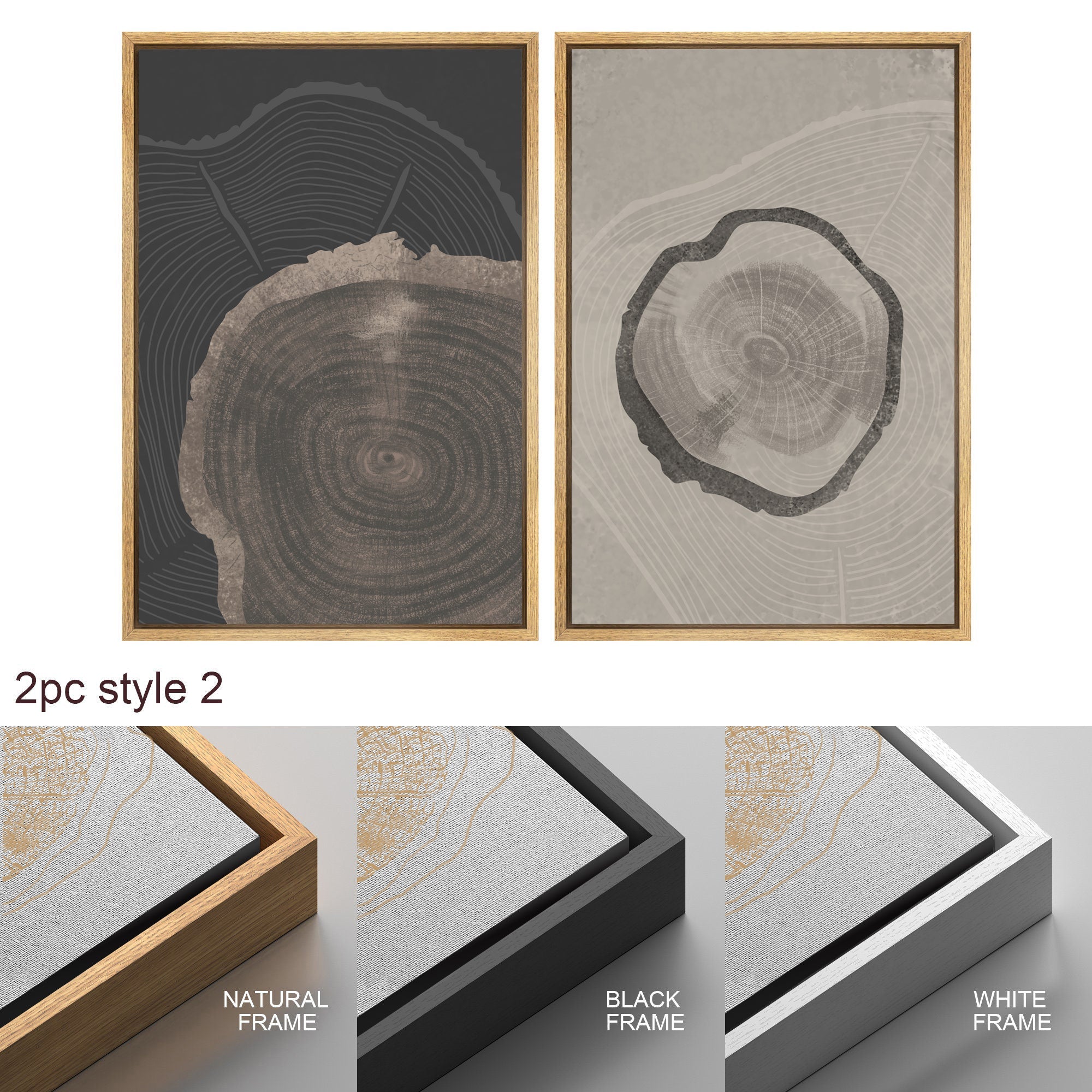 Framed Canvas Print Wall Art Set of 3 Pastel Grunge Wood Tree Rings Abstract Illustrations Minimalist Modern Art Boho Decor