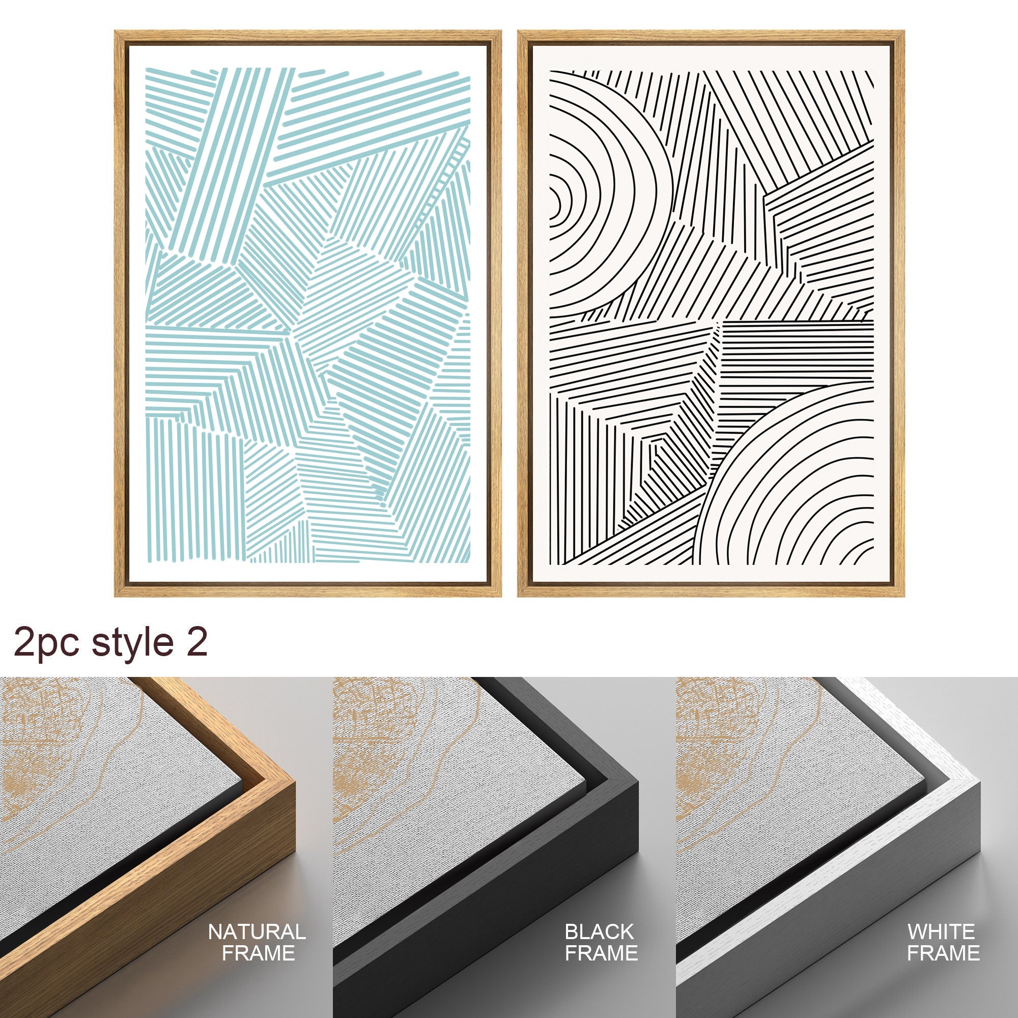 Framed Canvas Print Wall Art Set of 3 Geometric Blue Black Polygon Pattern Abstract Shapes Drawings Modern Art Minimalist Decor