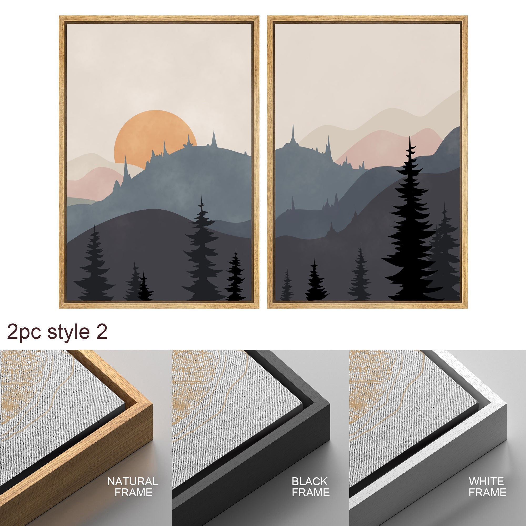 Framed Canvas Wall Art Set of 3 Sunset Forest Landscape Abstract Illustrations Prints Modern Art Minimalist Boho Wall Decor