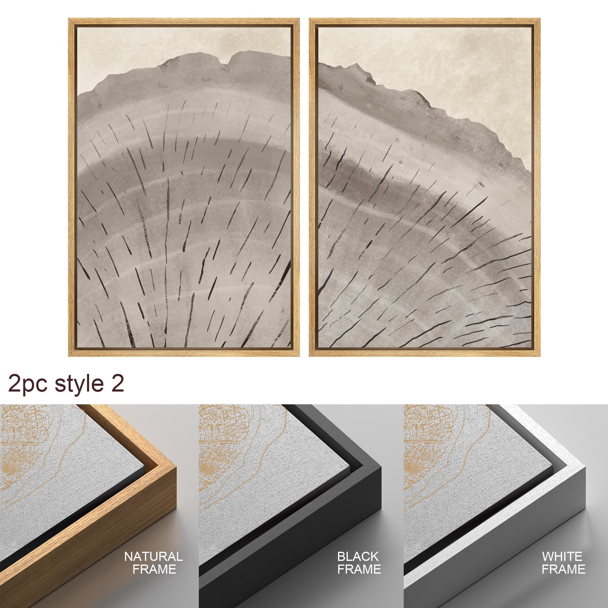 Framed Canvas Print Wall Art Set Oak Wood Tree Rings Illustrations Modern Art Neutral Boho Decor