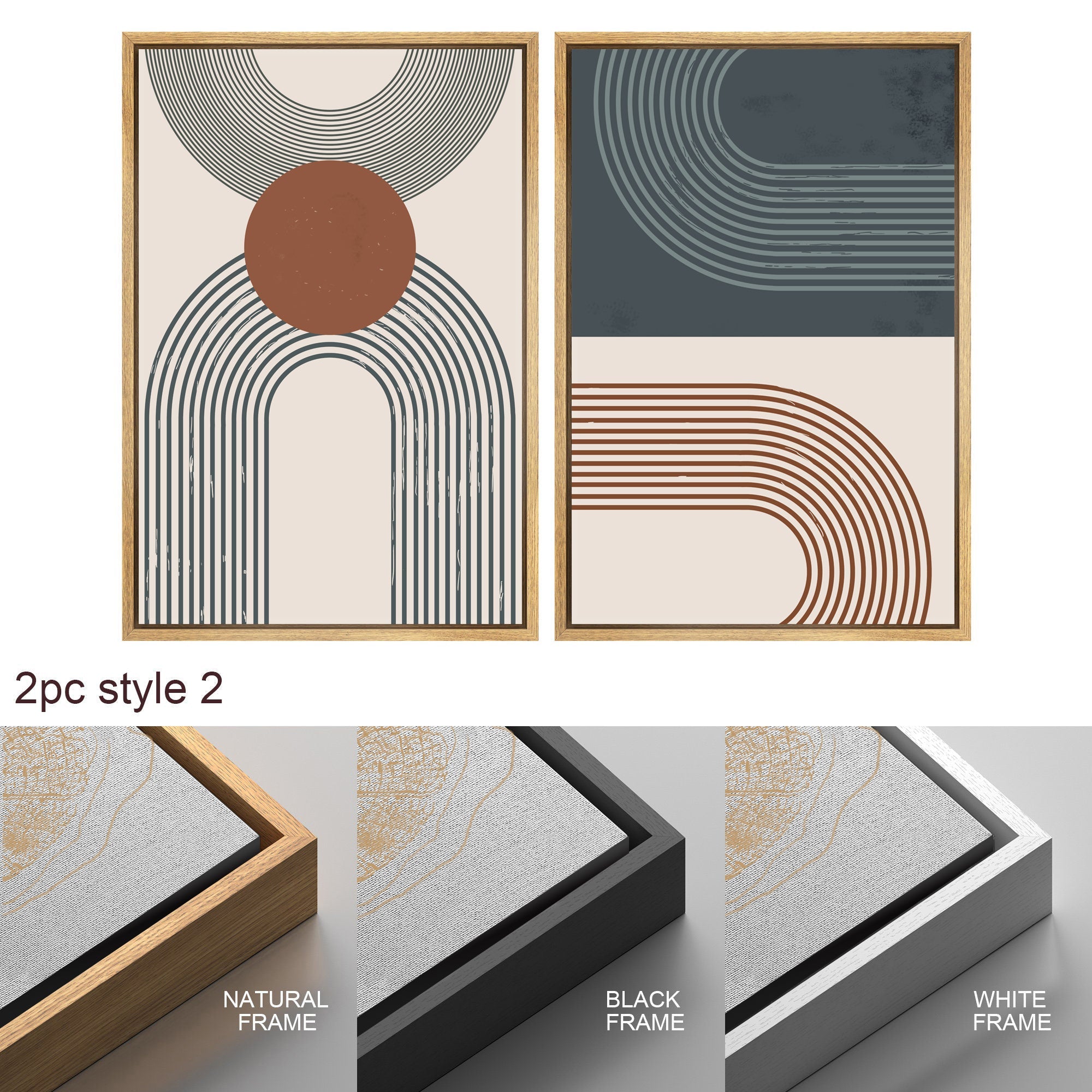 Framed Canvas Print Wall Art Set of 3 Geometric Sun Abstract Illustration Mid Century Modern Wall Art Minimalist Boho Decor