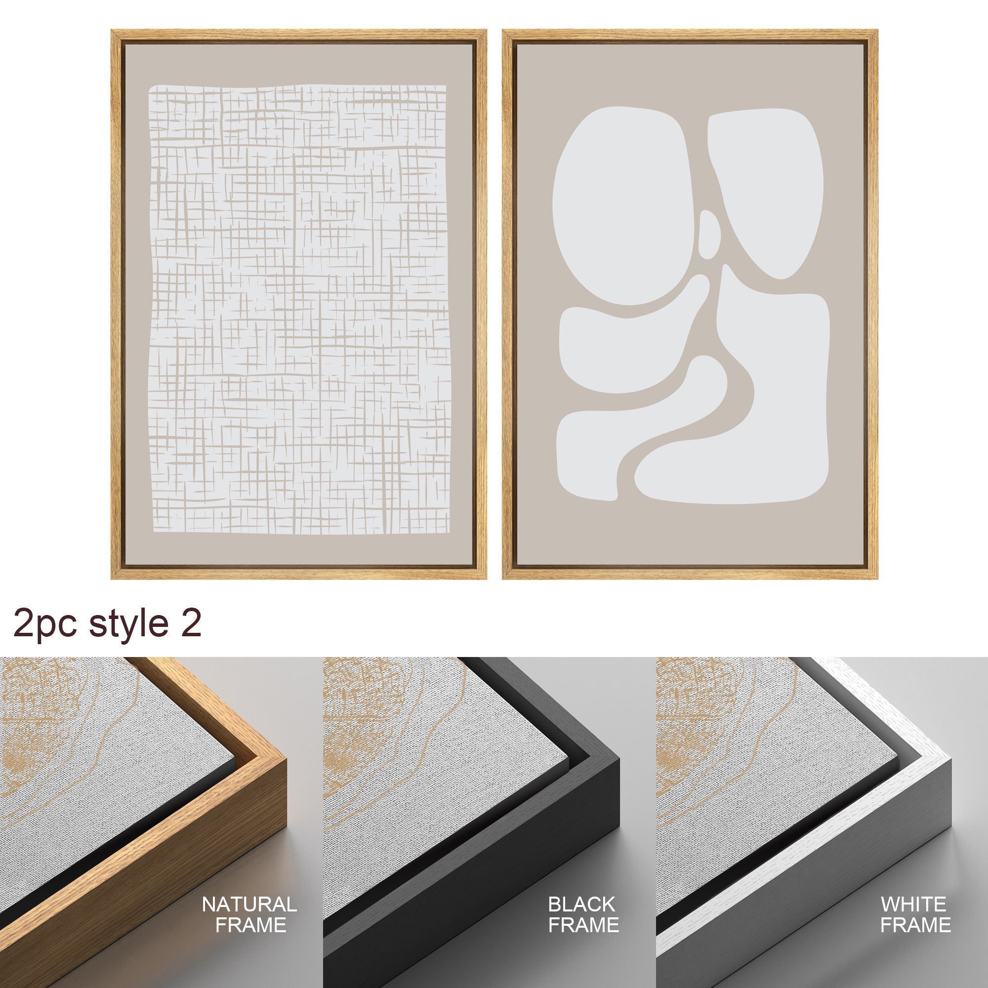 Framed Canvas Print Wall Art Set of 3 Beige White Geometric Abstract Shapes Illustrations Modern Art Minimalist Neutral Decor