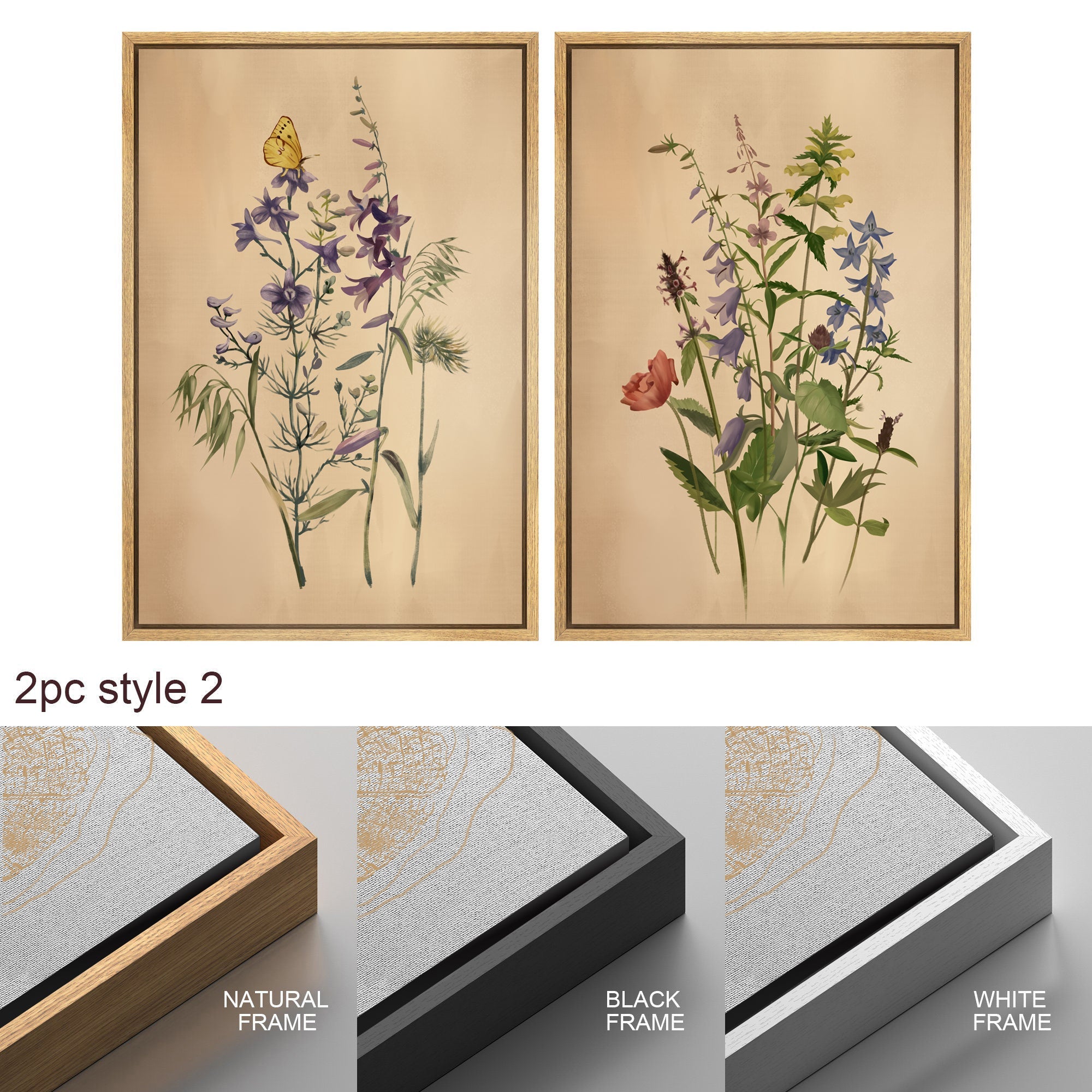 Framed Canvas Print Wall Art Set of 3 Wildflower Floral Botanical Illustrations Minimalist Art Neutral Modern Farmhouse Decor