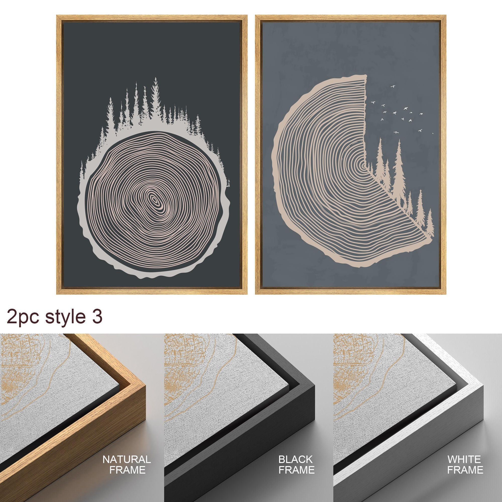 Framed Canvas Print Wall Art Set of 3 Pastel Grunge Forest Tree Rings Abstract Illustrations Minimalist Modern Art Boho Decor