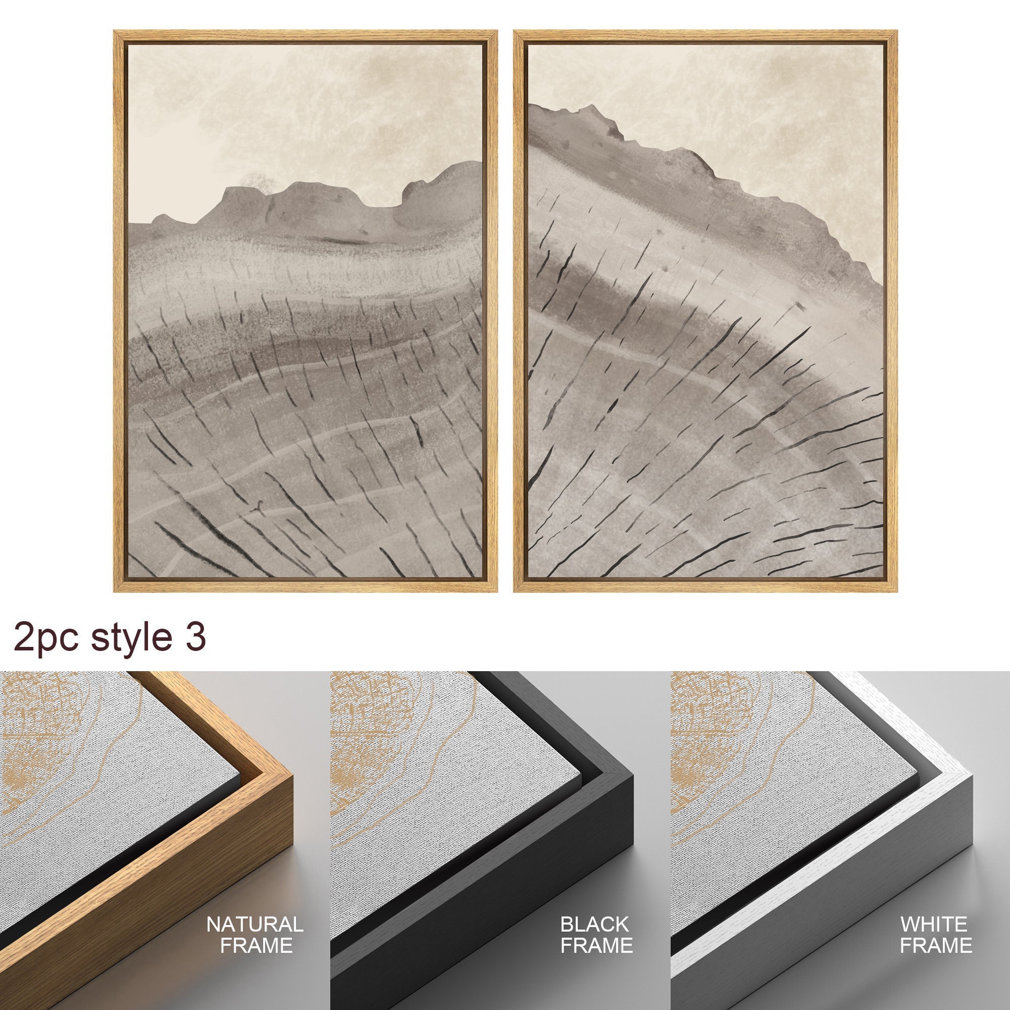 Framed Canvas Print Wall Art Set Oak Wood Tree Rings Illustrations Modern Art Neutral Boho Decor