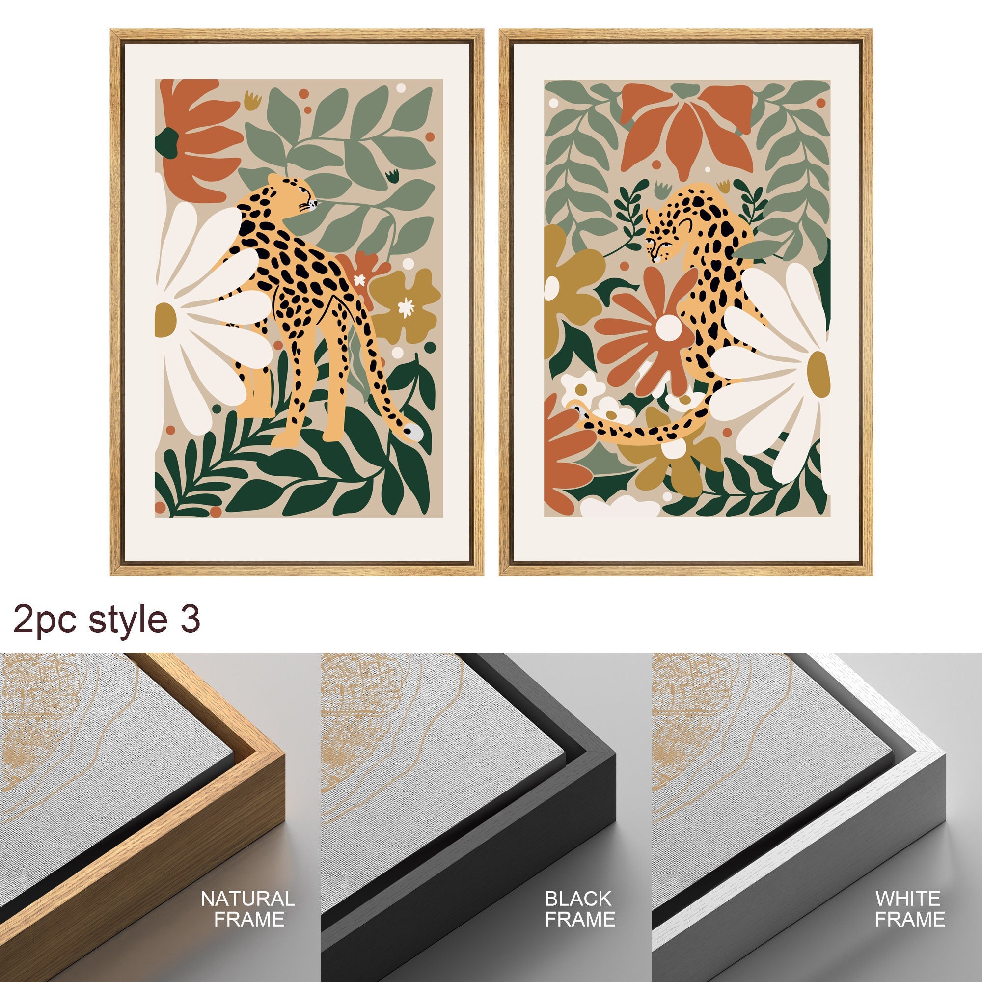 Framed Canvas Wall Art Set of 3 Cheetah Cats Animal Floral Botanical Prints Minimalist Modern Art Boho Decor Preppy Room Decor