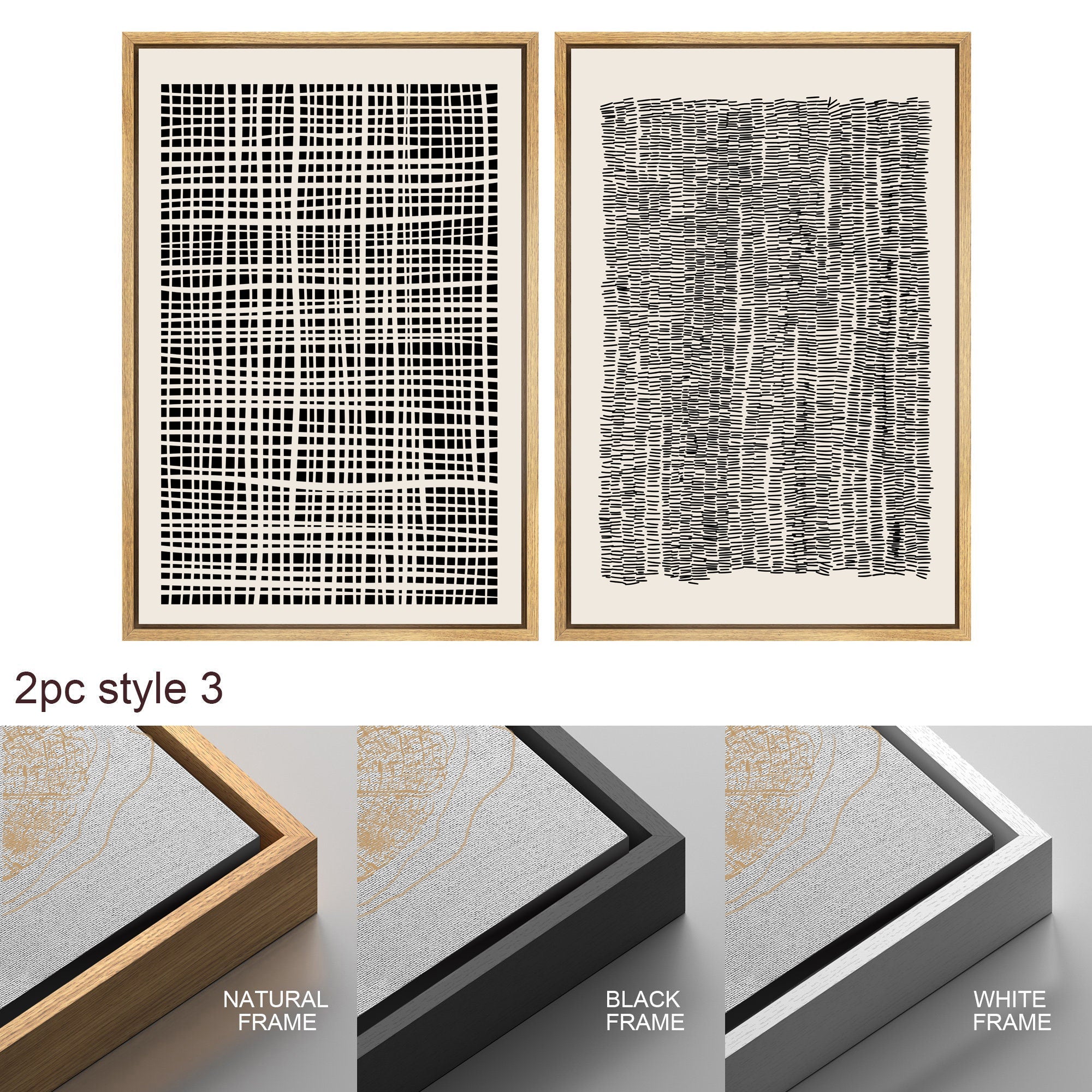 Framed Canvas Print Wall Art Set Geometric Black Grid Wave Pattern Abstract Drawings Modern Art Neutral Minimalist Decor