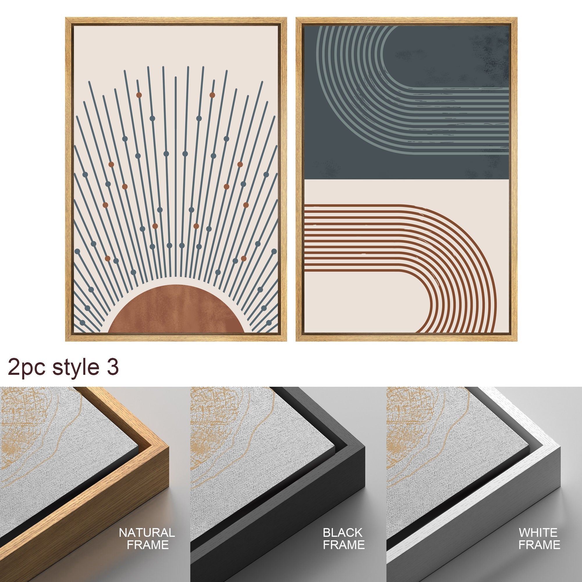 Framed Canvas Print Wall Art Set of 3 Geometric Sun Abstract Illustration Mid Century Modern Wall Art Minimalist Boho Decor