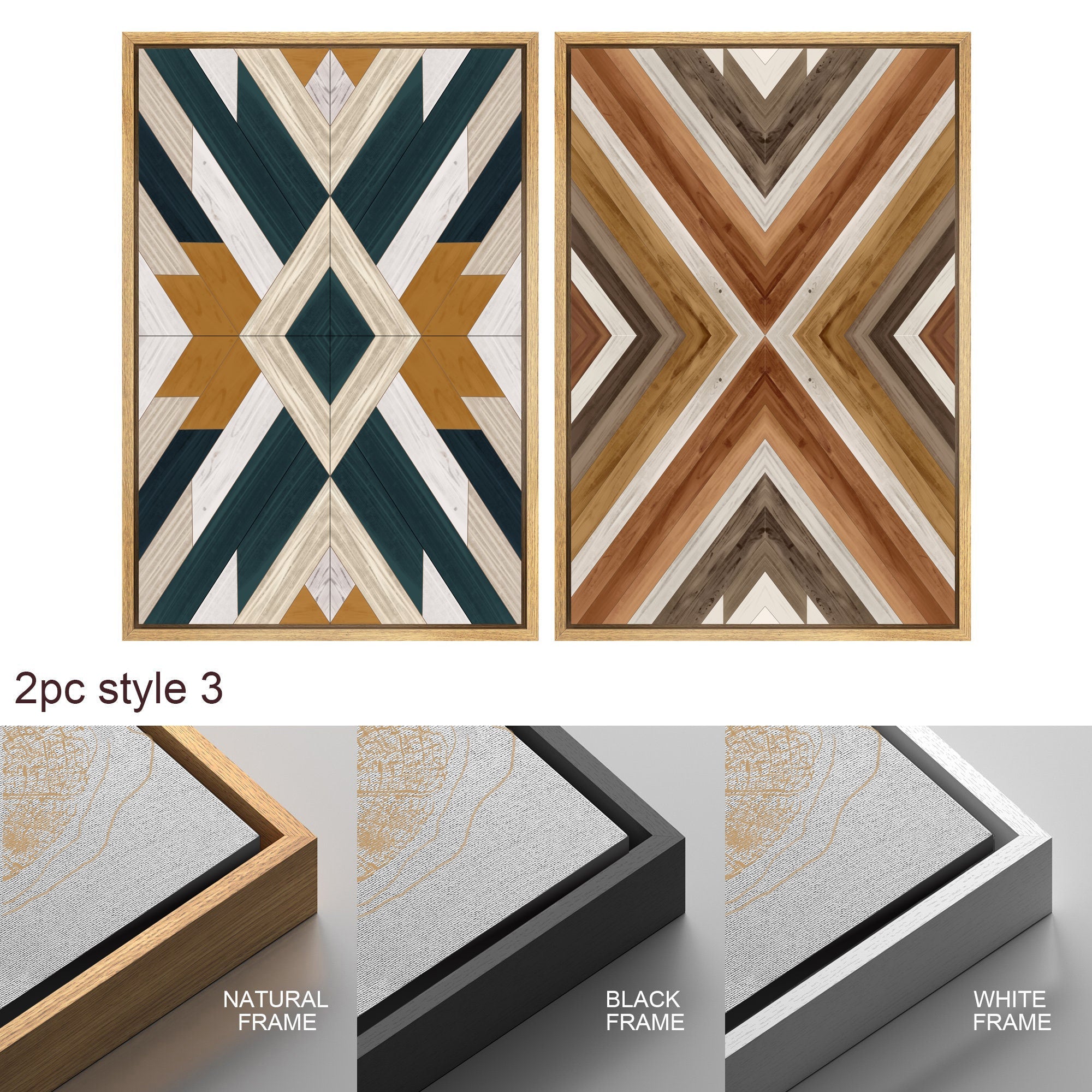 Framed Canvas Wall Art Set Southwestern Wood Panel Geometric Diamond Pattern Collage Print Abstract Modern Wall Art Rustic Western Decor