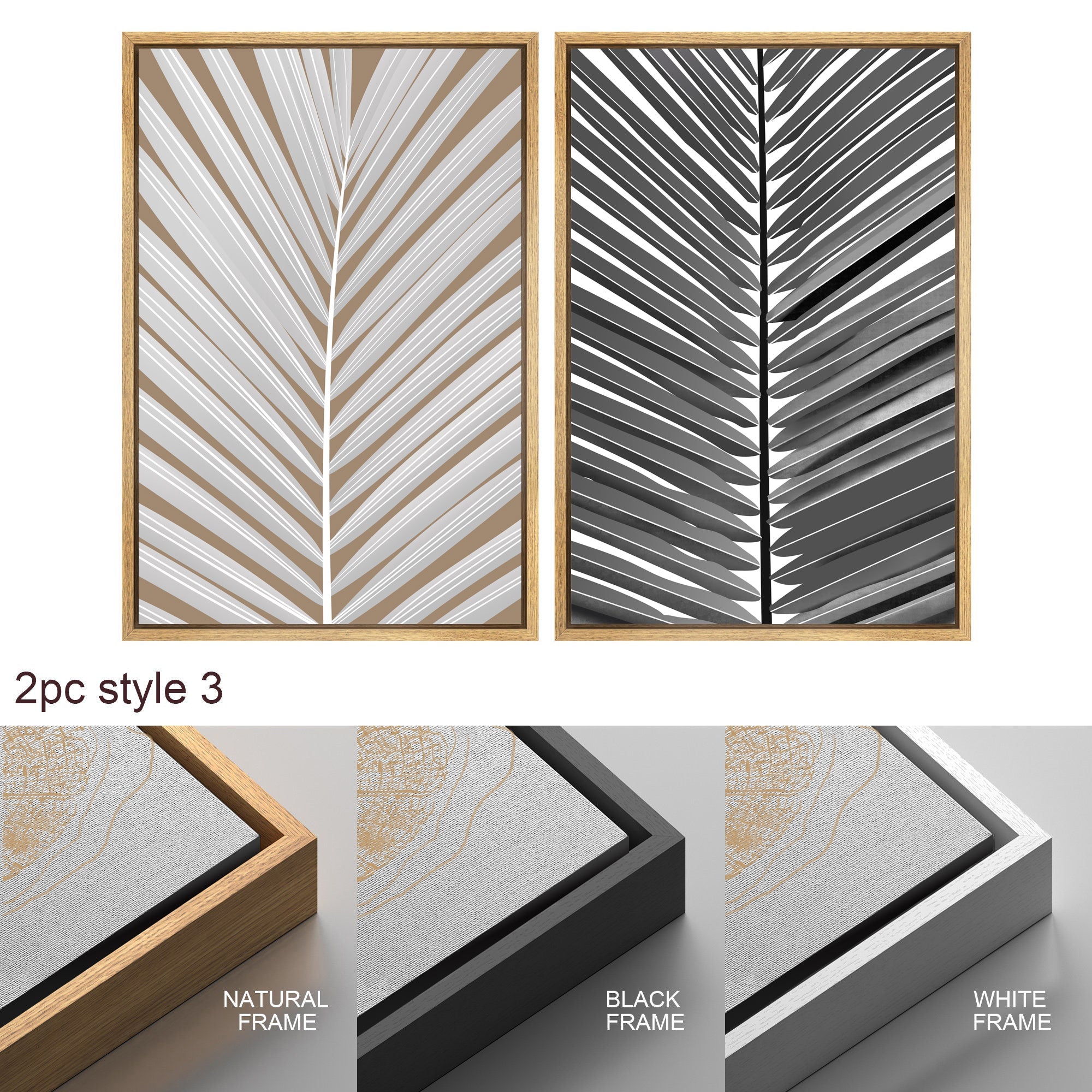 Framed Canvas Print Wall Art Black and White Tropical Palm Leaf Nature Illustrations Modern Art for Living Room