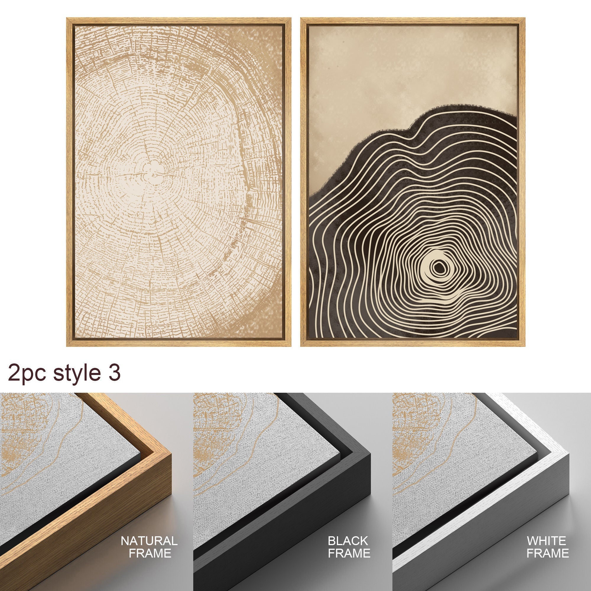Framed Canvas Print Wall Art Set of 3 Pastel Grunge Wood Tree Rings Abstract Illustrations Minimalist Modern Art Boho Decor