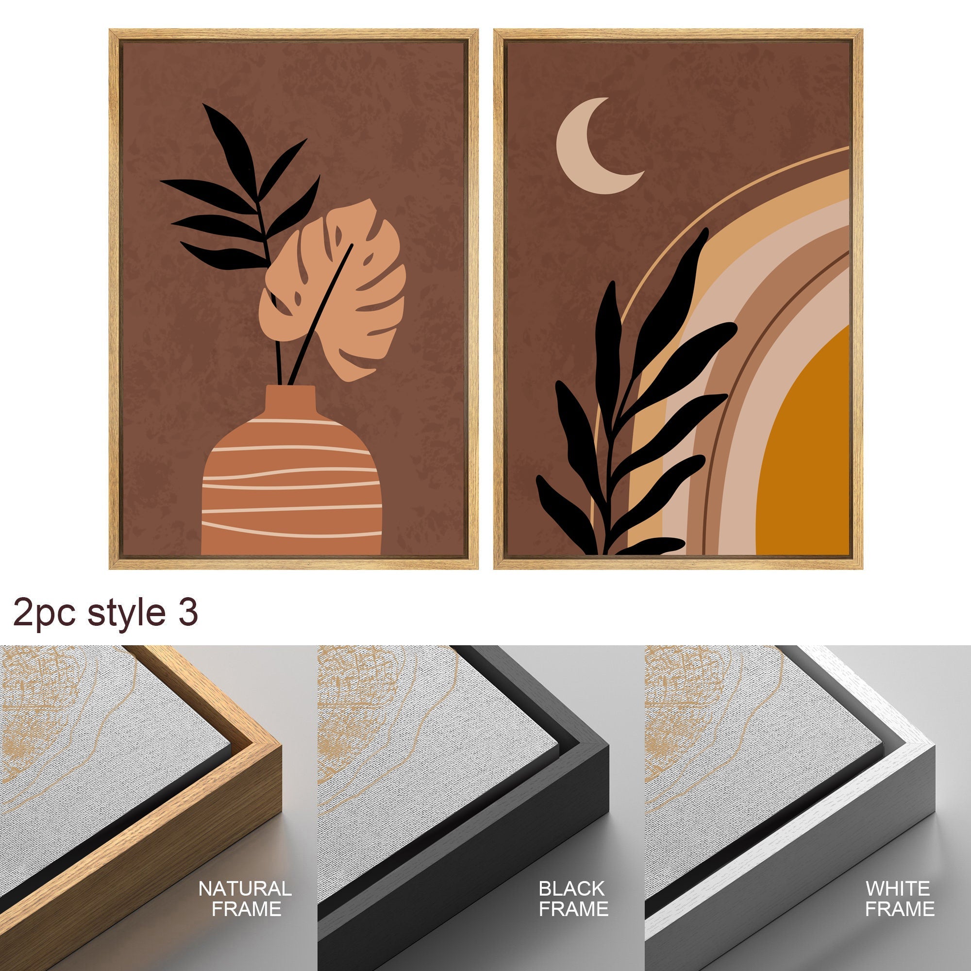 Framed Canvas Print Wall Art Set of 3 Tropical Desert Oasis Jungle Leaf Abstract Illustrations Mid Century Modern Art Boho Decor