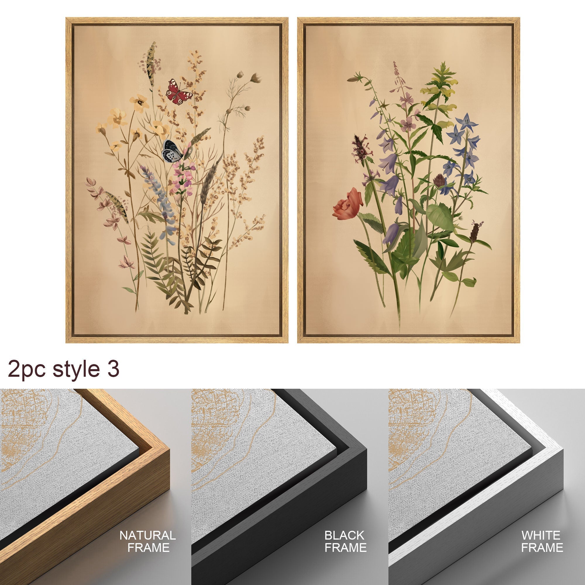 Framed Canvas Print Wall Art Set of 3 Wildflower Floral Botanical Illustrations Minimalist Art Neutral Modern Farmhouse Decor