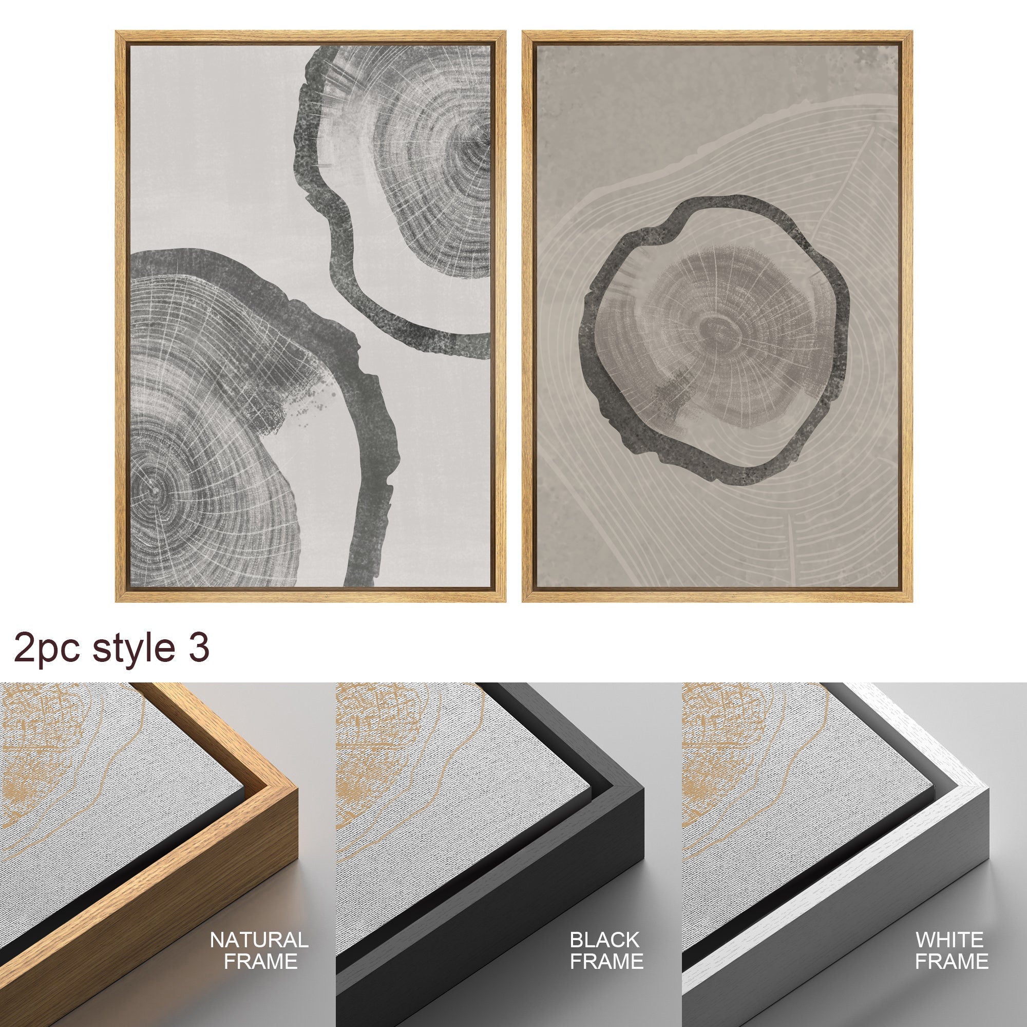 Framed Canvas Print Wall Art Set of 3 Pastel Grunge Wood Tree Rings Abstract Illustrations Minimalist Modern Art Boho Decor