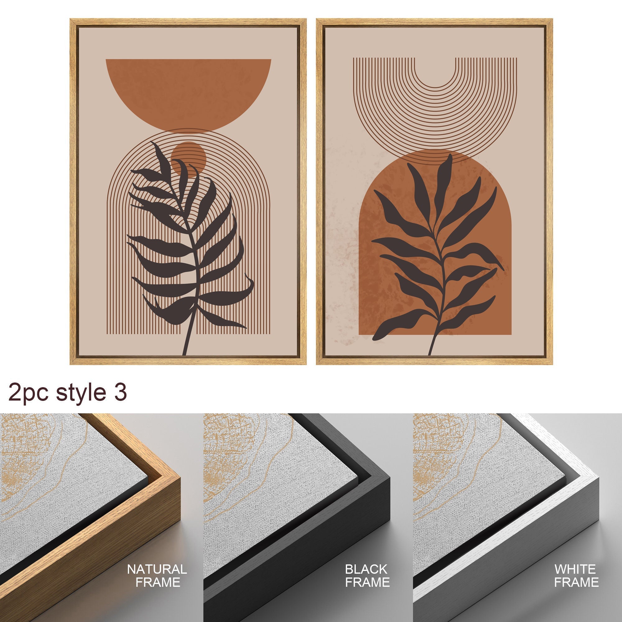 Framed Canvas Print Wall Art Set of 3 Desert Dune Jungle Palm Leaf Abstract Nature Illustration Mid Century Modern Art Boho Decor